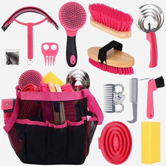 Horse Grooming Kit 13 Piece, Horse Brushes for Grooming Supplies with Tote Bag, Horses Tack Brush Set for Effective Grooming and Cleaning, Gift for Horse Riders Beginners (Pink)