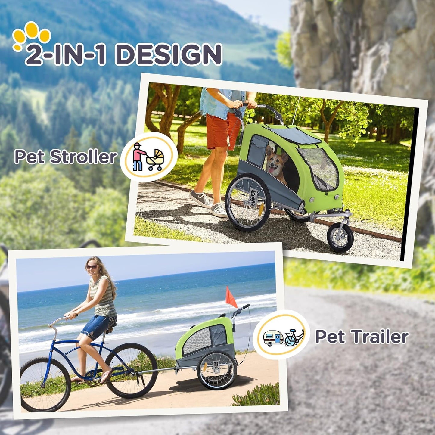 Aosom Dog Bike Trailer 2-in-1 Pet Stroller with Canopy and Storage Pockets