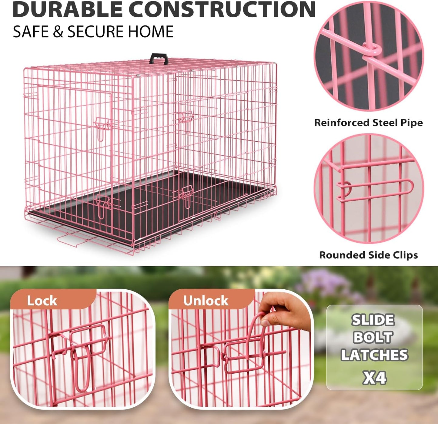 BestPet | Dog Crate | 24" | Pink | Foldable Metal Kennel with Double Doors, Secure Slide-Bolt Latches, Leakproof Tray | Portable Dog Cage for Small Breeds | for Travel, Indoor & Outdoor Use
