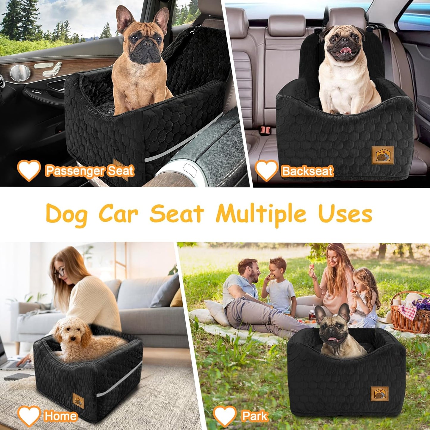 Dog Car Seat for Small/Medium Dogs, Memory Foam Dog Booster Seat, Travel Safety with Washable Removable Cover, Storage Pockets for Dogs up to 35 lbs(Black)