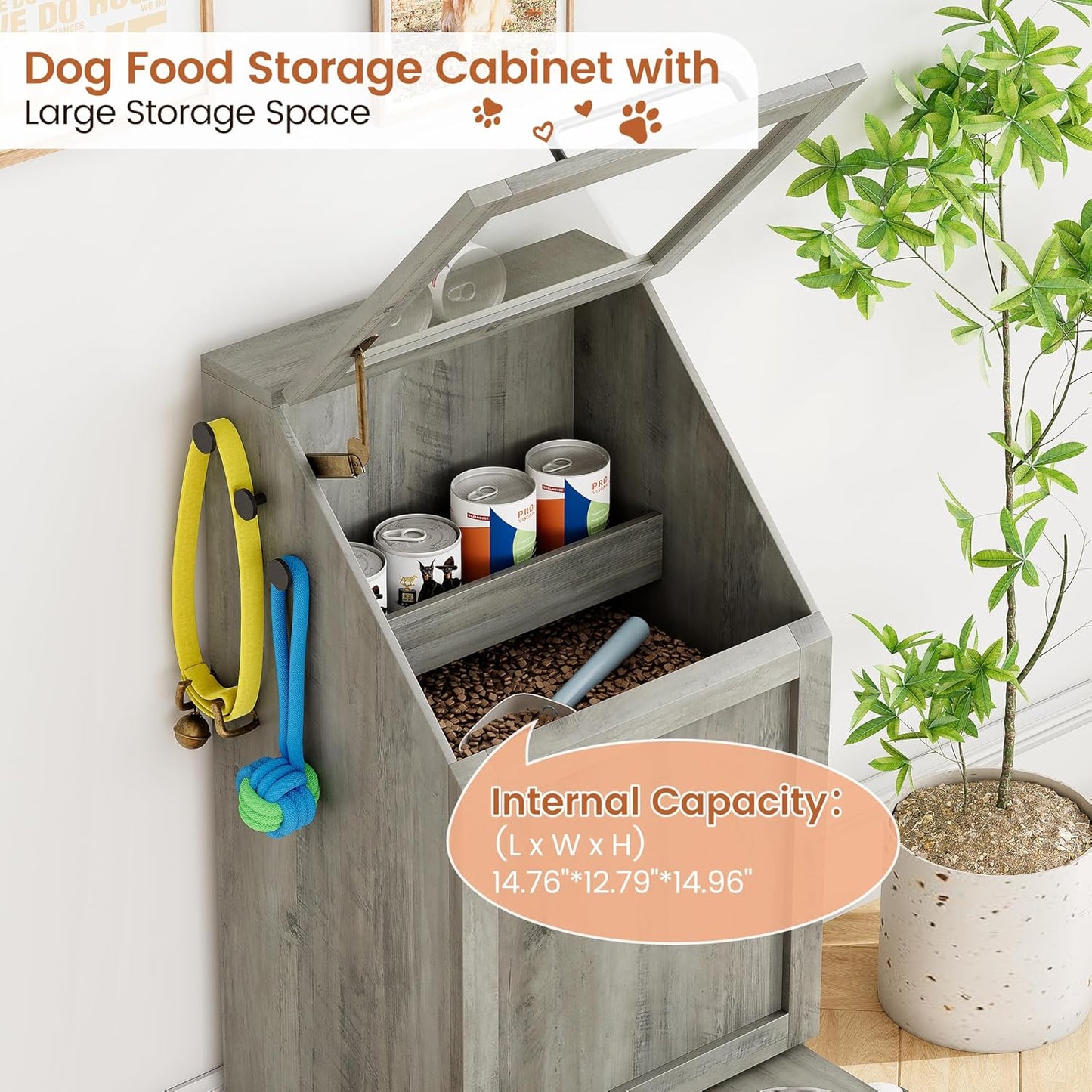 Dog Feeding Station with Storage - Large Capacity Dog Food Storage Cabinet with 2 Removable Stainless Steel Bowls, Flip Top Pet Food Container Toy Storage Organizer - Grey