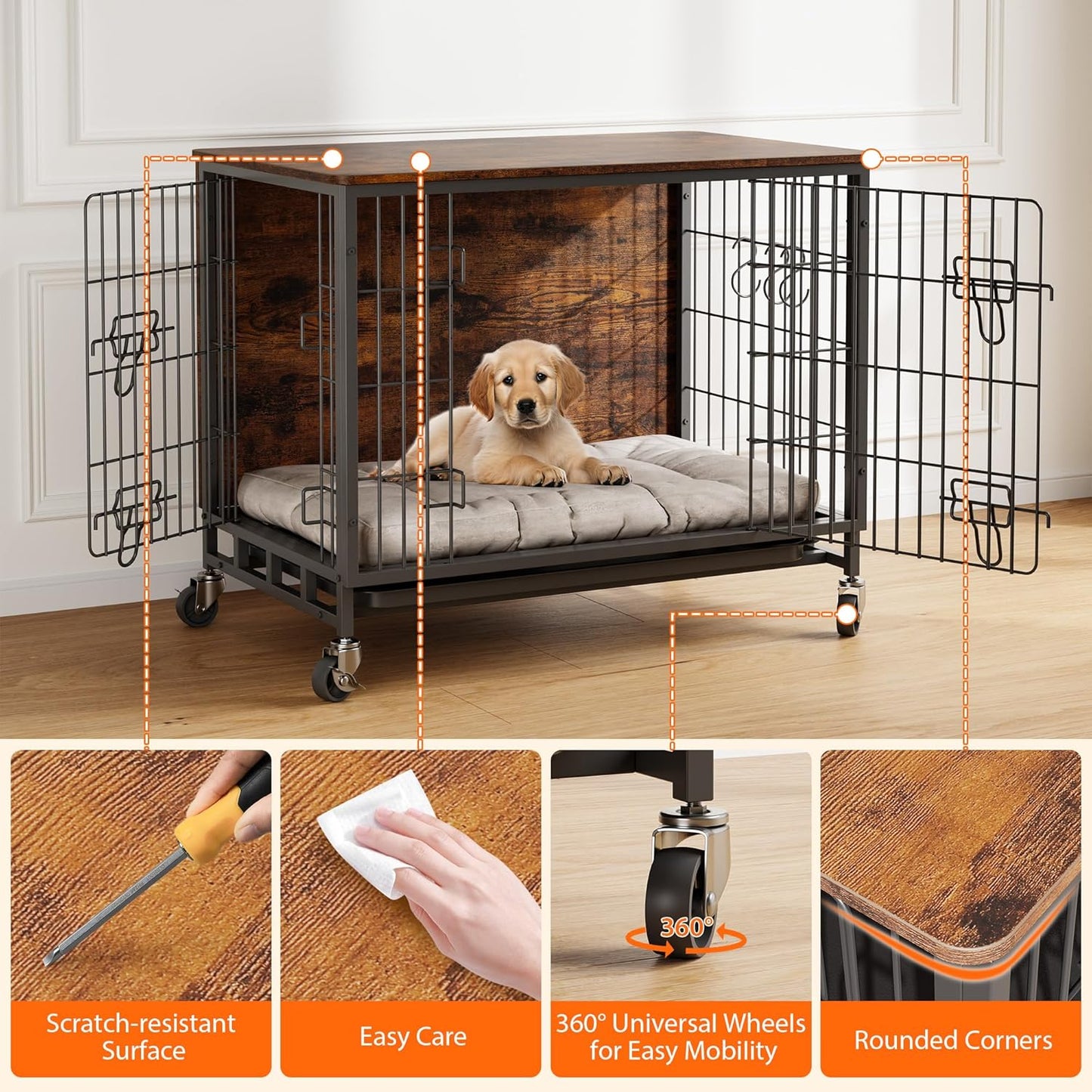 Dog Crate Furniture, 32.5" Wooden Dog Crate Furniture Side End Table, Indoor Kennel with Double Doors, Dog Crates for Medium Dogs, Rustic Brown
