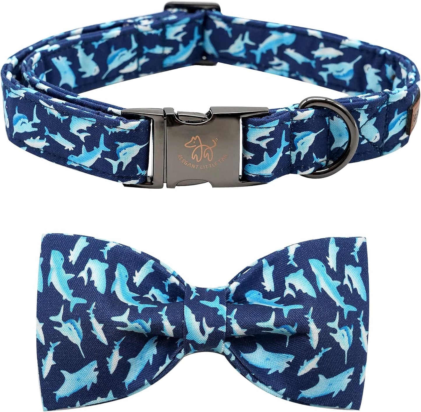 Elegant Little Tail Bowtie Dog Collar - Shark Print, Adjustable for X-Large Dogs