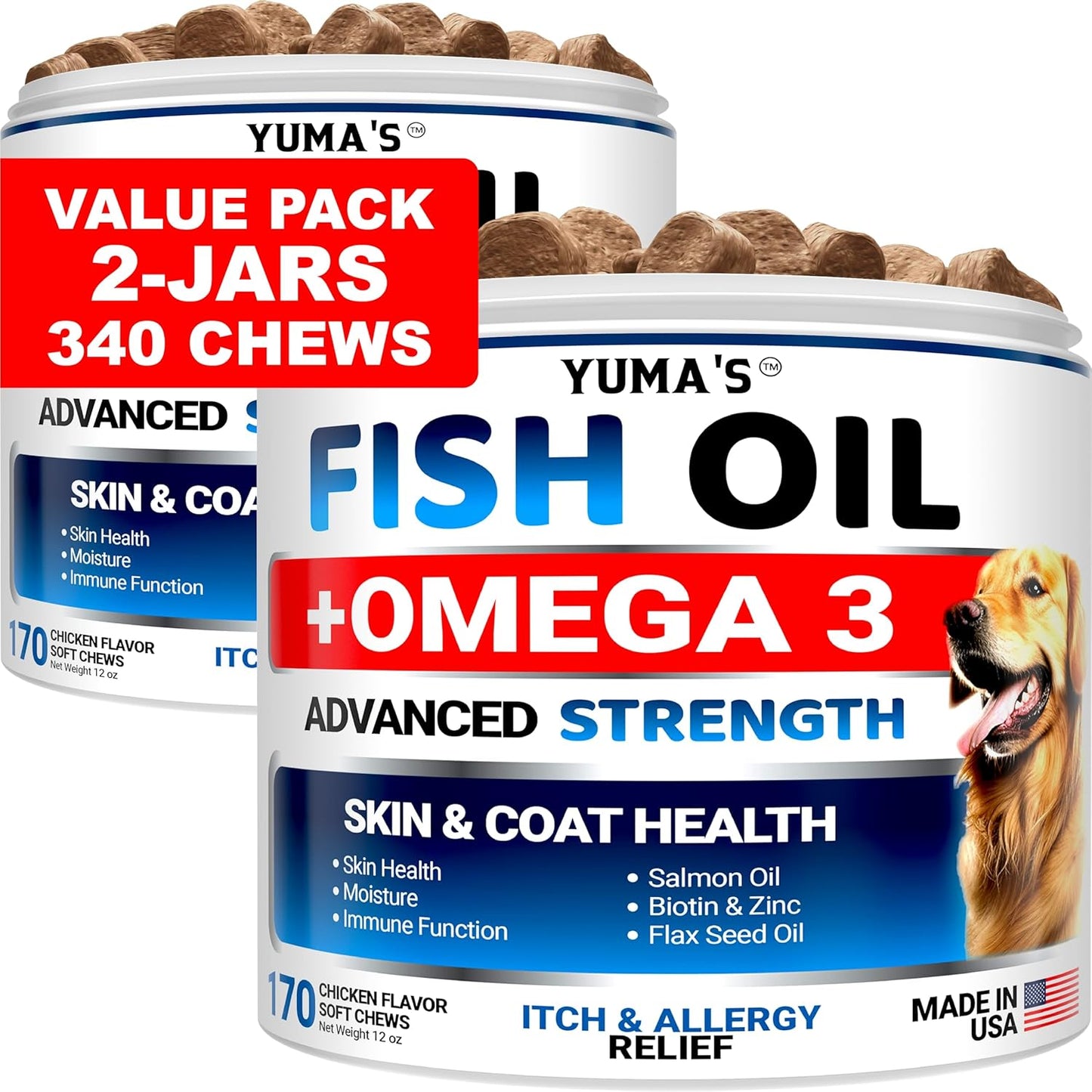 (2 Pack) Omega 3 Fish Oil for Dogs - 170 Chews - Skin and Coat Supplement - Omega 3 for Dogs - Dry & Itchy Skin Relief Treatment - Allergy Support Dog Anti Shedding Treats - Salmon - Chicken Flavor
