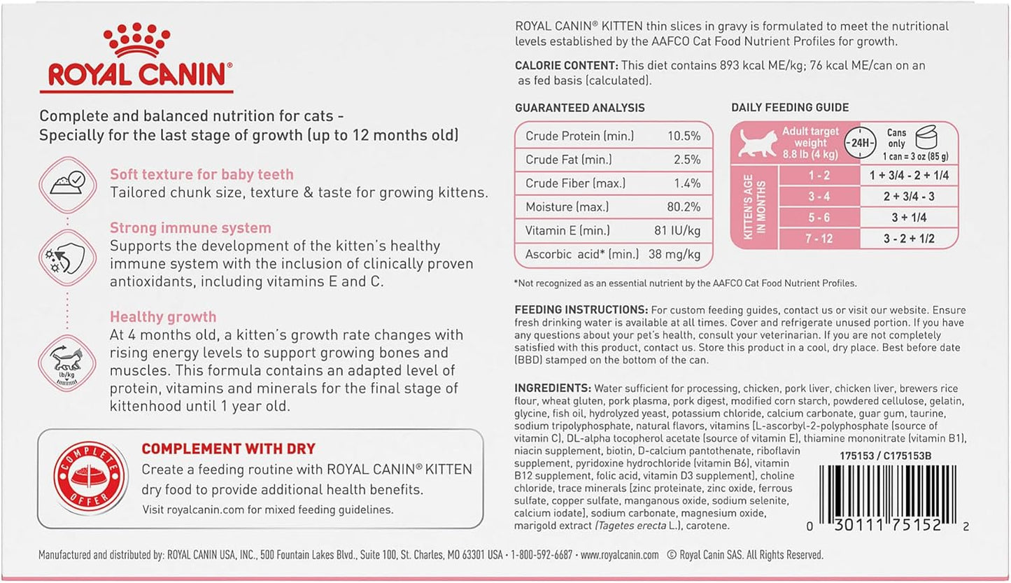 Royal Canin Feline Health Nutrition Kitten Thin Slices in Gravy Canned Cat Food, 3 oz can (18-count)