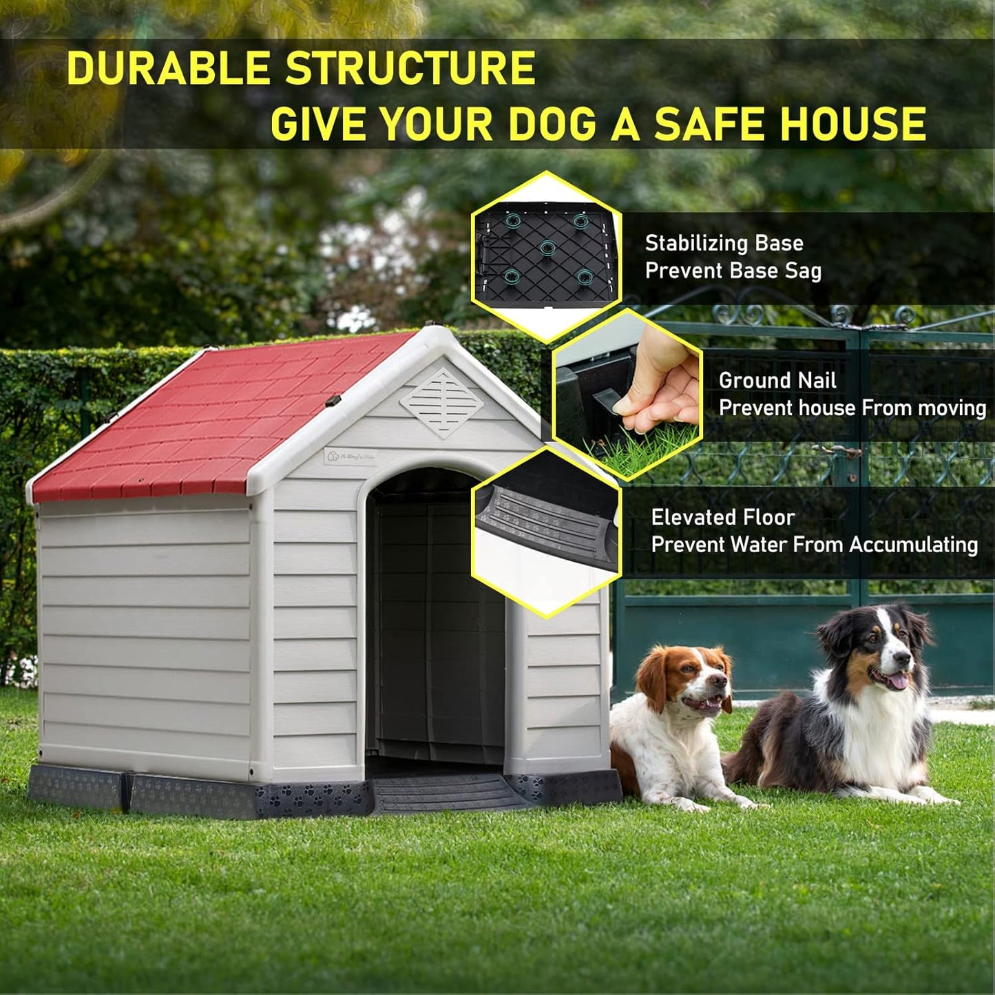 LEMBERI Durable Waterproof Plastic Dog House for Small to Large Sized Dogs, Indoor Outdoor Doghouse Puppy Shelter with Elevated Floor, Easy to Assemble (Red, 34''L*31''W*32''H)