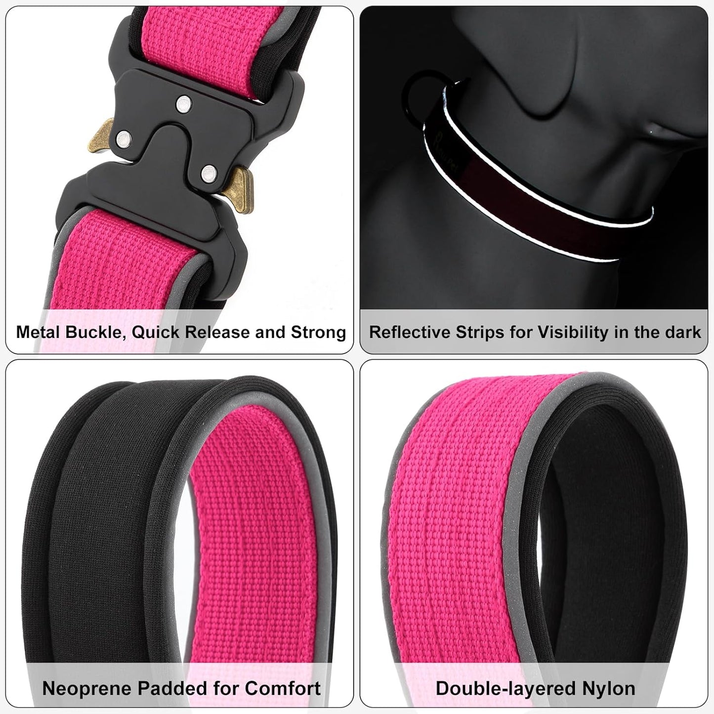 Plutus Pet Tactical Dog Collar, Reflective, Adjustable Heavy Duty Dog Collar, Soft Padded and Comfortable, for Small Medium and Large Dogs (Hot Pink, L)