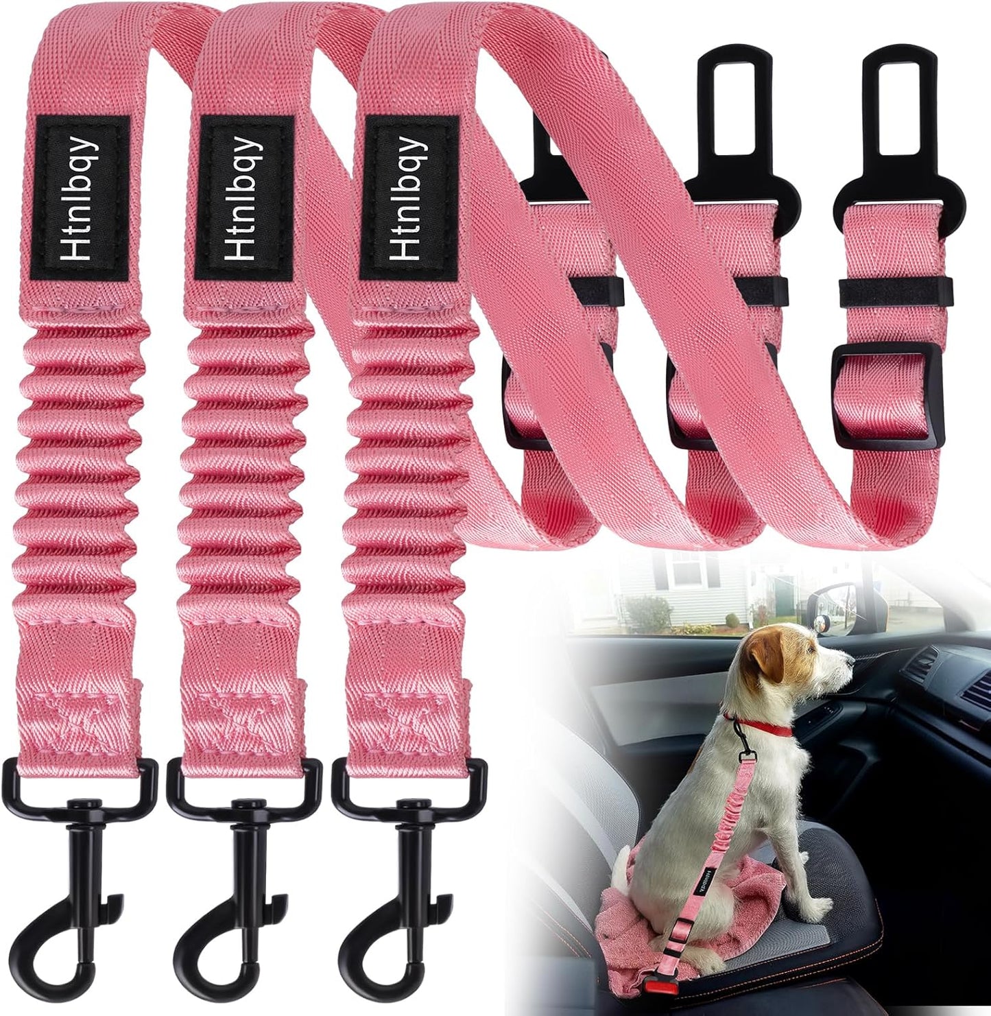 Thickened Dog Seat Belt for Car, 3 Pack Set Retractable Dog Car Adjustable Seatbelts for Vehicle Nylon Pet Safety Heavy Duty & Elastic & Durable Car Harness for Dogs, Light Pink