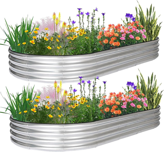 JERIA 2 Pcs 8×4×1ft Oval Raised Garden Bed,Galvanized Raised Garden Bed Kit Outdoor Metal Gardening Planter Box for Vegetable, Fruits, Flower，Herbs
