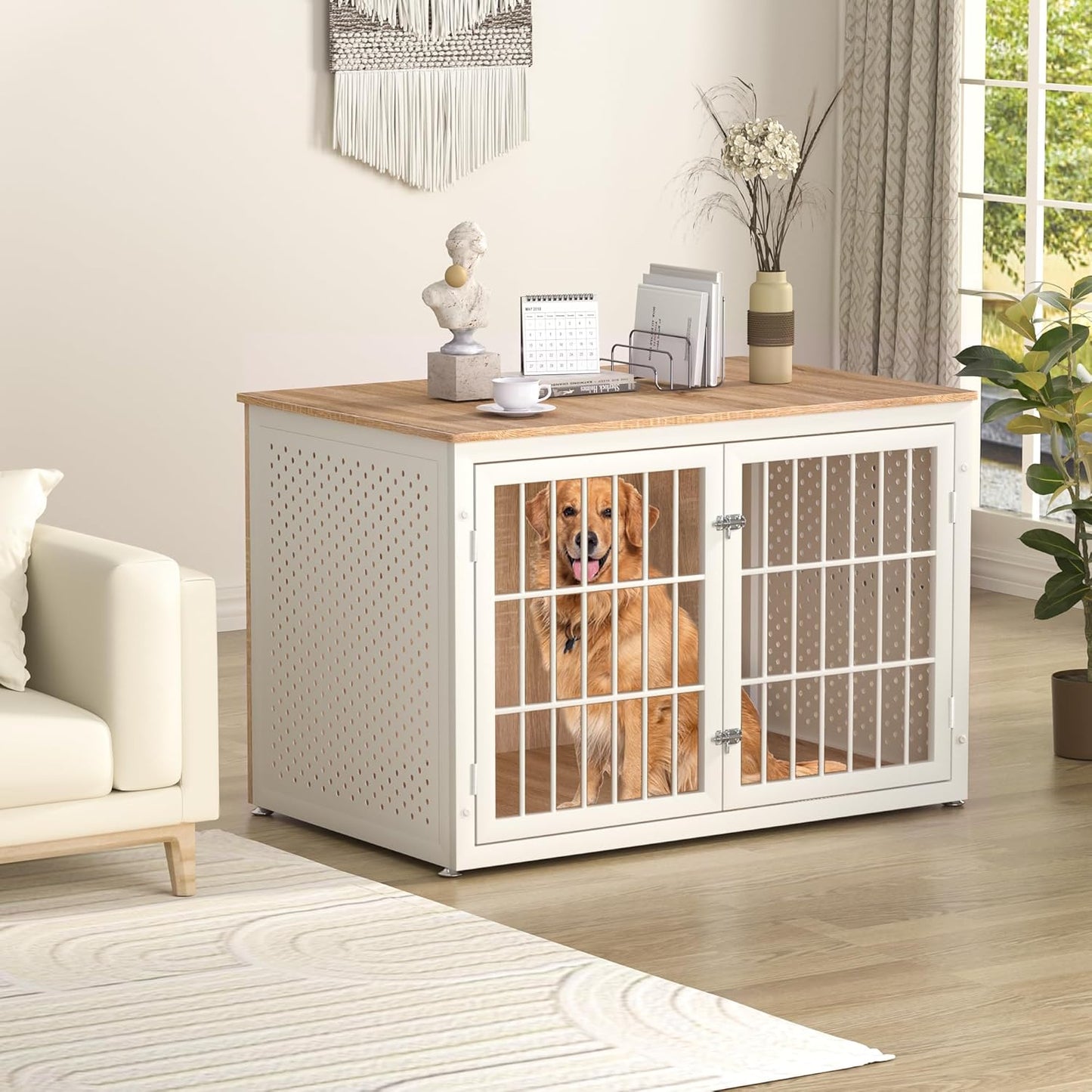 48" Heavy Duty Dog Crate Furniture for Large Dogs, Metal Kennel for High Anxiety Dogs, White Wooden Cage Furniture Indoor, Decorative Dog Kennel End Table, XL