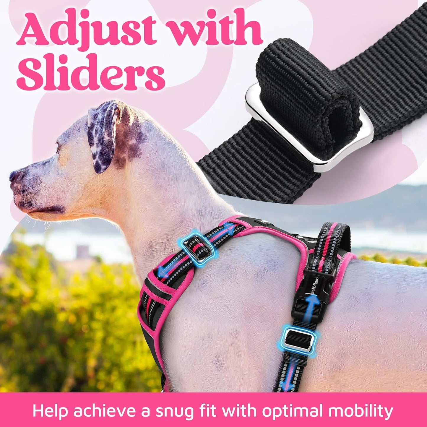 rabbitgoo Dog Harness for Large Dogs, No Pull Pet Vest with 3 Buckles, Adjustable Soft Padded Pet Harness with Easy Control Handle and Reflective Strips, Black & Rose Pink, XL