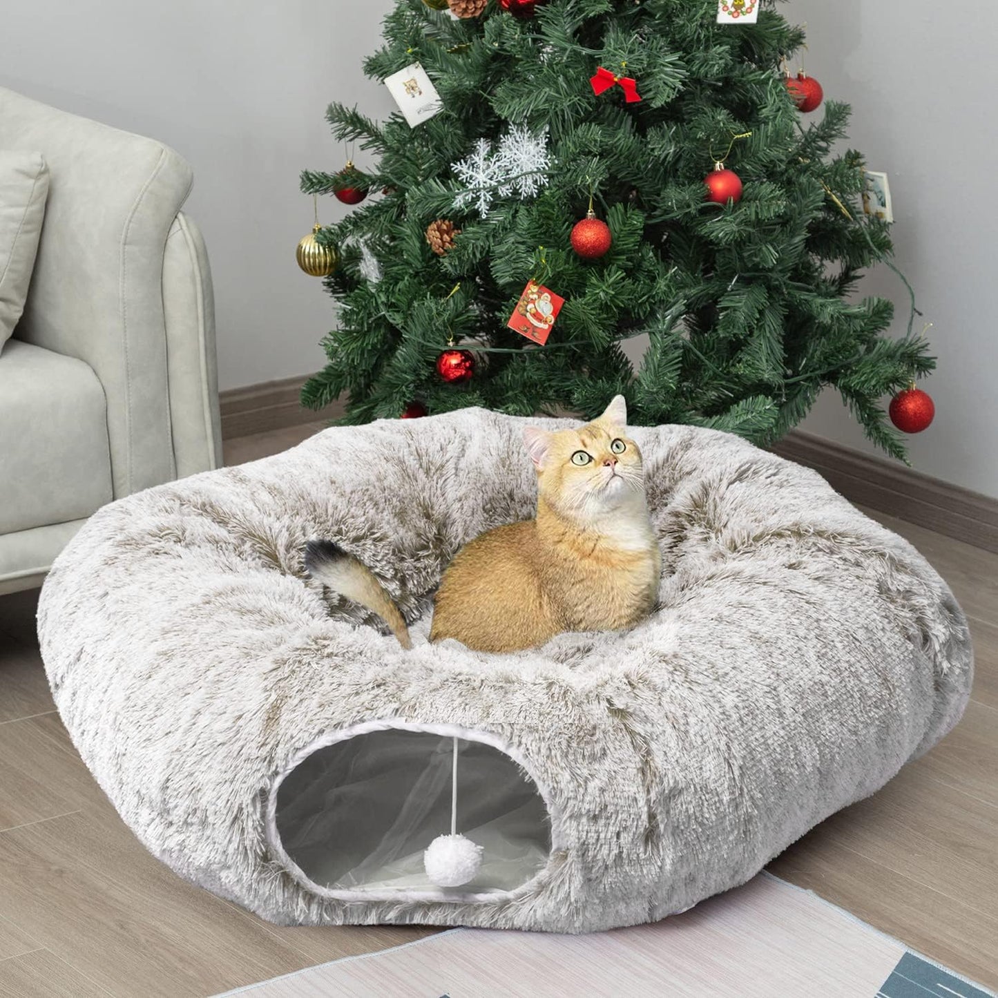 AUOON Cat Tunnel Bed - Cat Donut Tunnel with Soft Plush Circle Cushion for Indoor Cats Kitten Kitty Puppy Rabbit Ferret (Khaki)