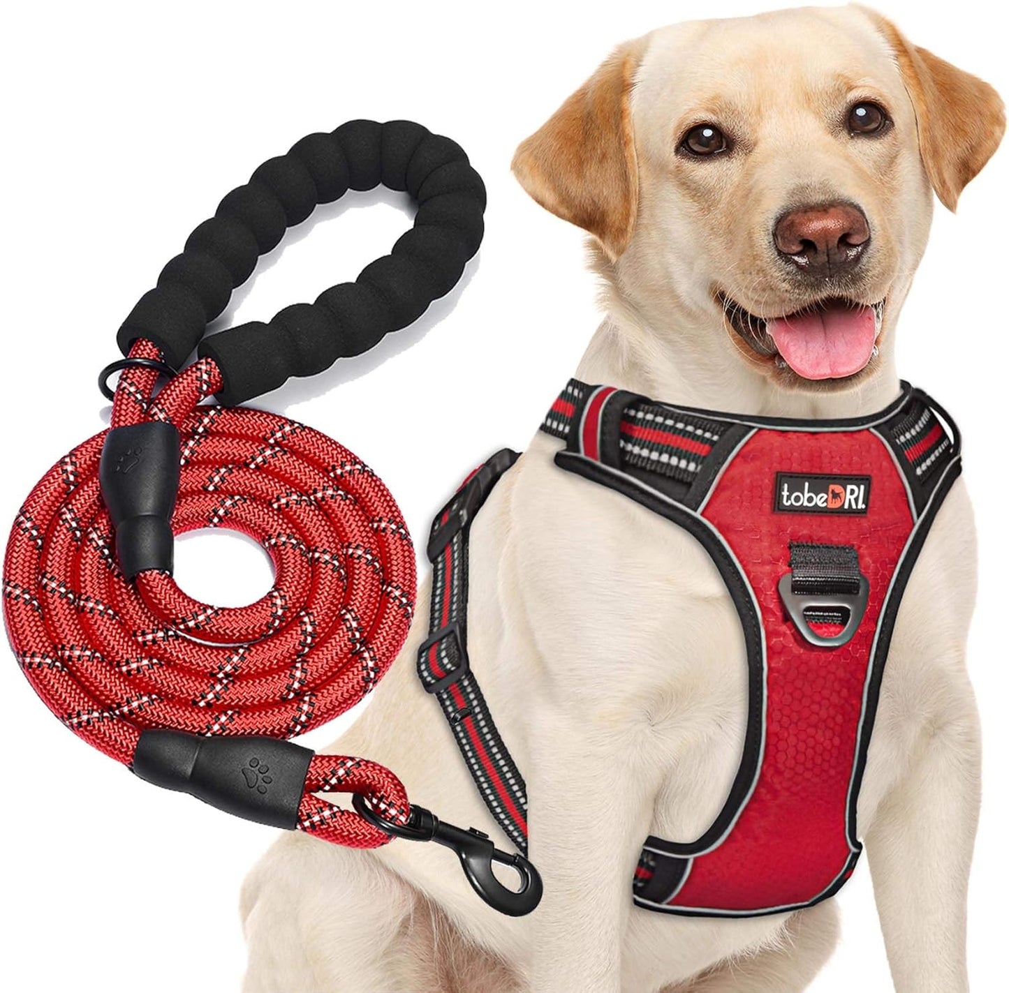 No Pull Dog Harness Adjustable Reflective Oxford Easy Control Medium Large Dog Harness with A Free Heavy Duty 5ft Dog Leash (M (Neck: 14.5"-20.5", Chest: 22"-28"), Red Harness+Leash)