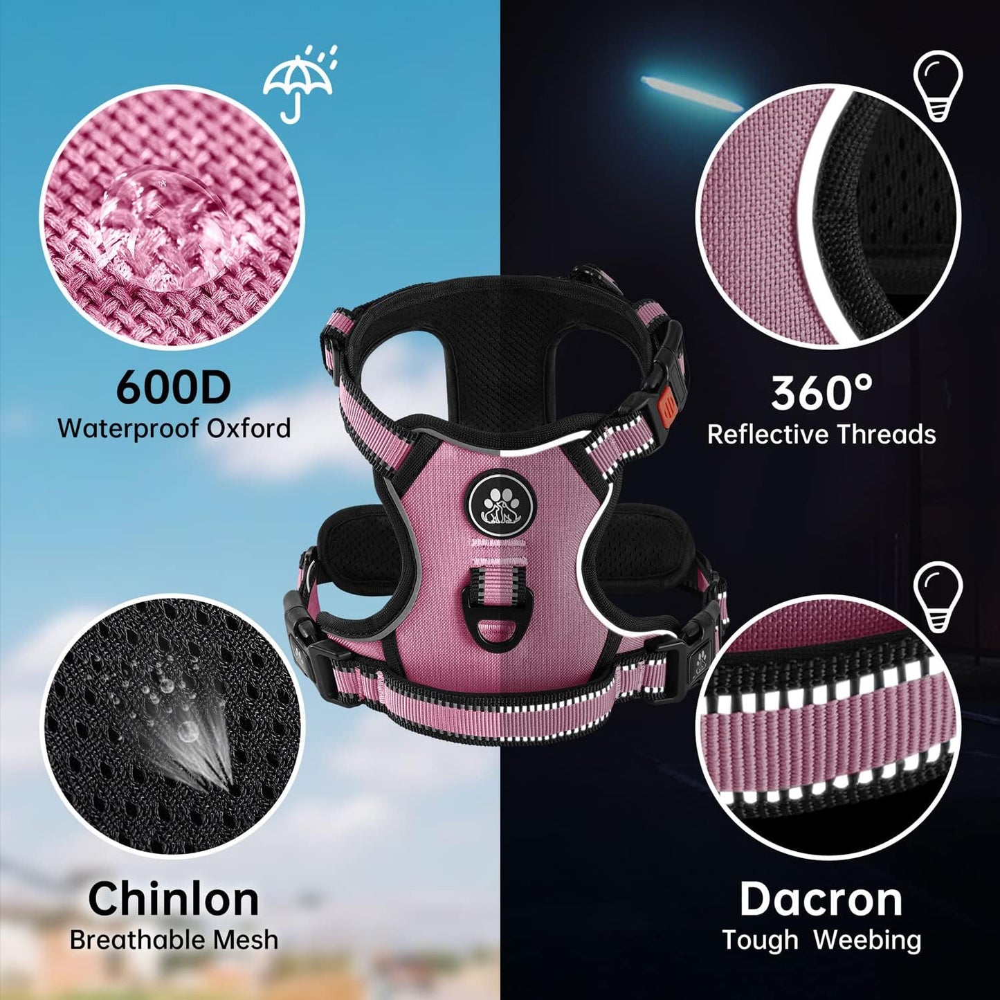 NESTROAD No Pull Dog Harness,Adjustable Oxford Dog Vest Harness with Leash,Reflective No-Choke Pet Harness with Easy Control Soft Handle for Large Dogs(Large,Pink)