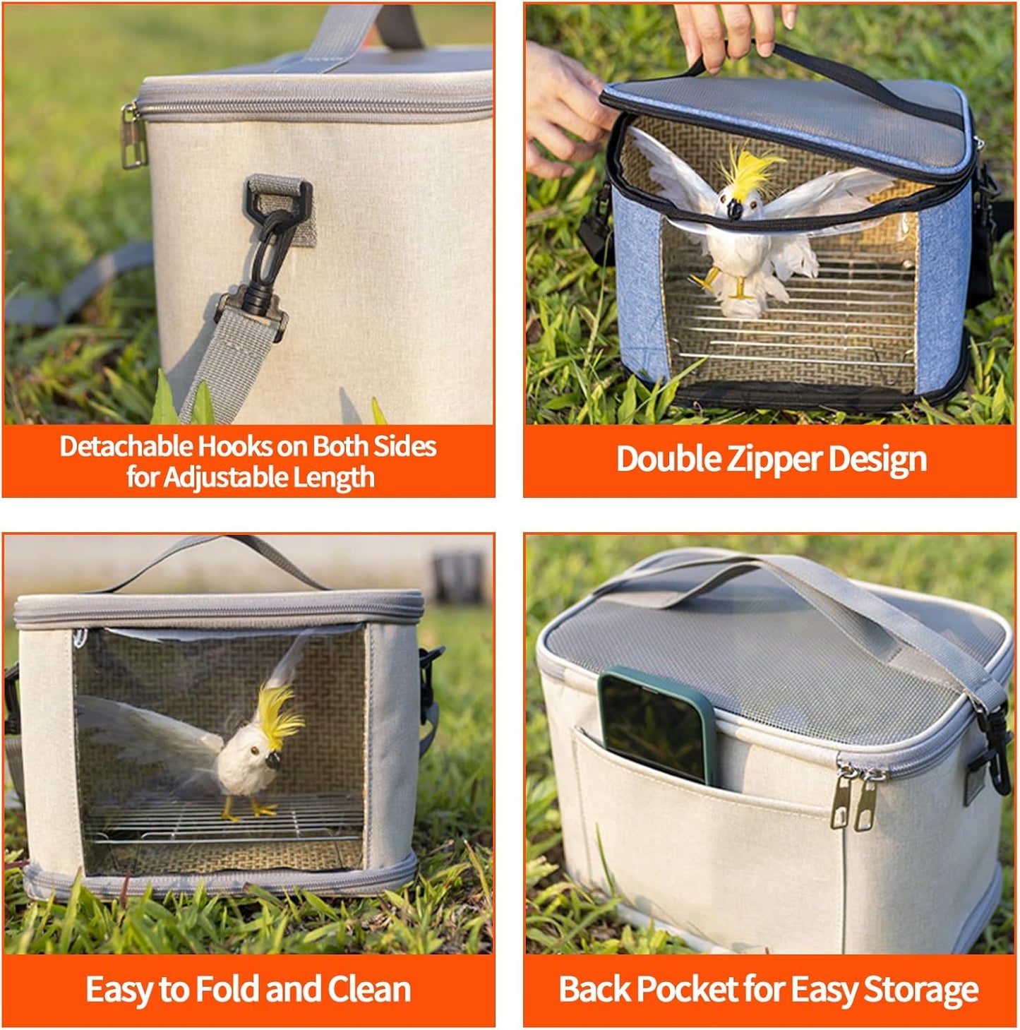 Bird Travel Carrierm, Small Bird Travel Backpack Carrier Cage with Tray and Breathable Clear Window, for Parakeet Cockatiel Budgies, for Camping Hiking (Beige)