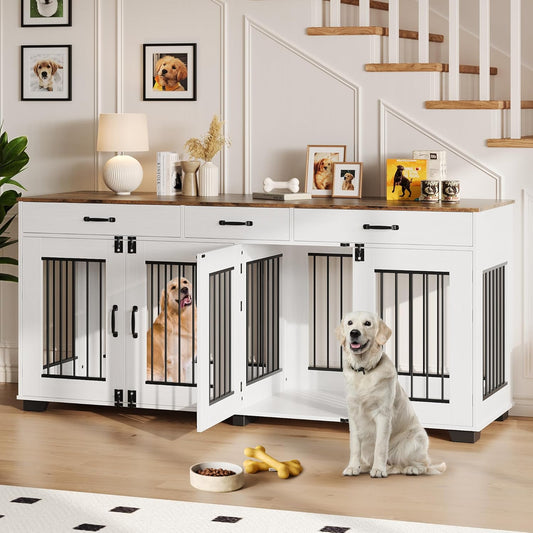 71 Inch Dog Crate Furniture for 2 Rooms, Wooden Double Crate Large Breed with Door, Dog Kennel Indoor, TV Stand End Table with Divider for Large Medium Dogs,White/Brown