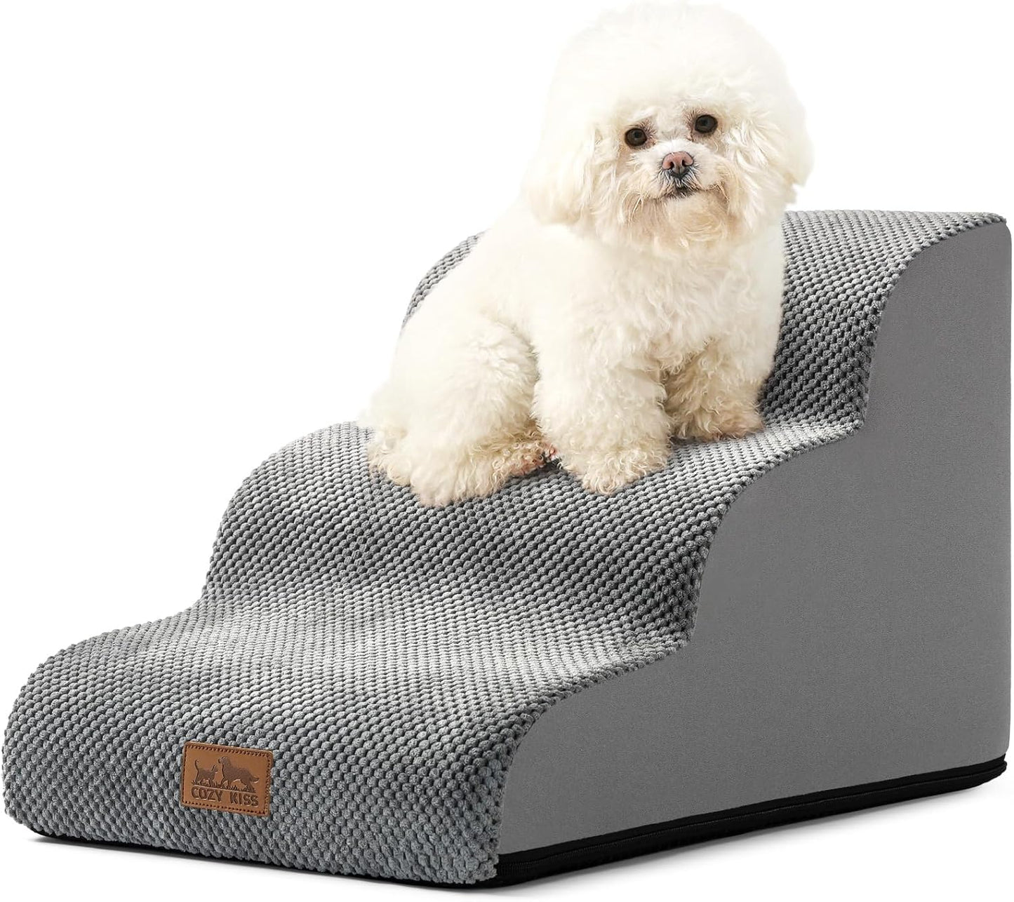 Dog Stairs for Small Dogs 15.7" H, Curved Dog Step for Puppy, Older Cat, Medium Pet Ramp for Sofa, Couch or Bed, Ladder with High Density Foam, 15.7x22.4x15.7 inch, 3 Step, Grey