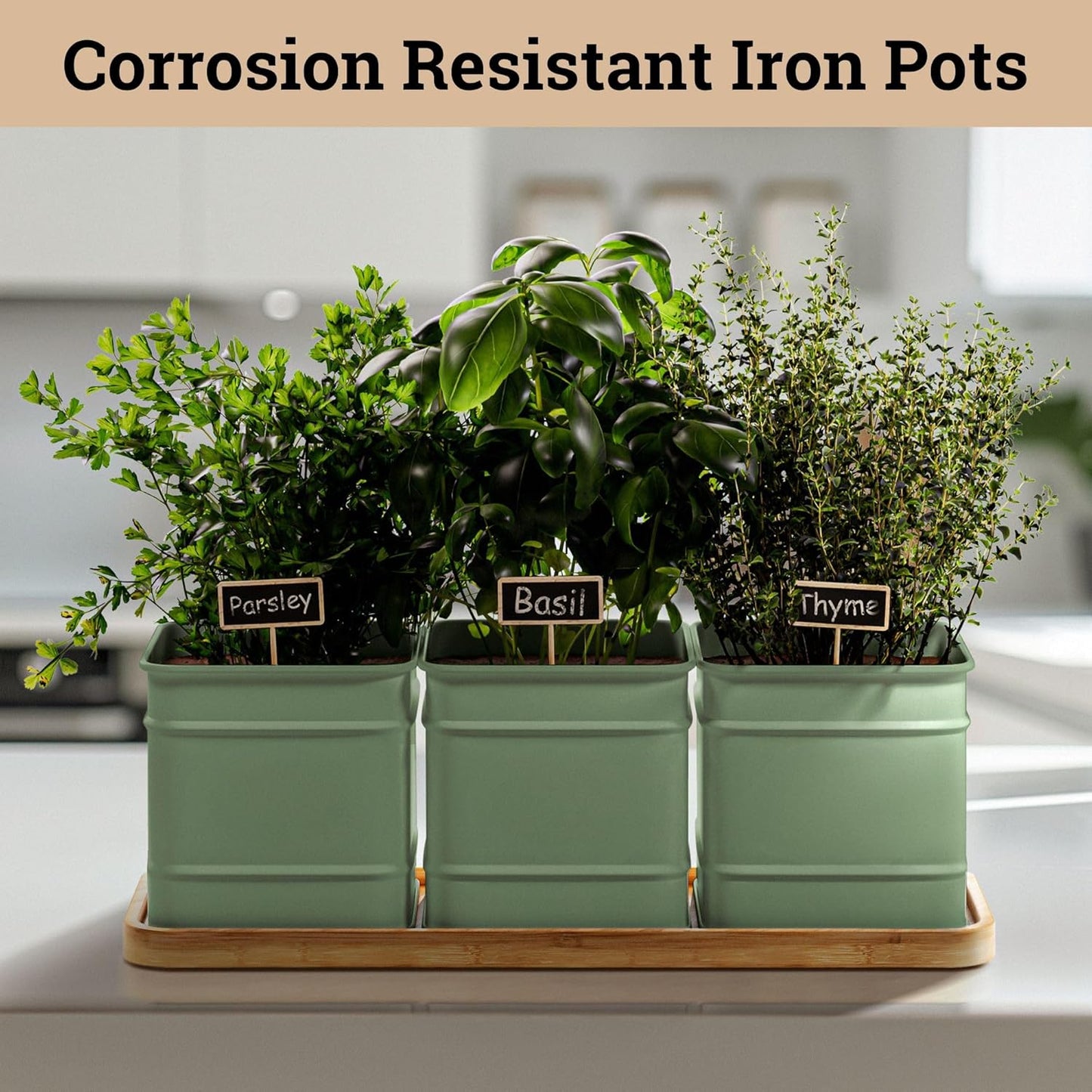 Herb Planter Indoor - 3 Iron Herb Pots with Drainage Holes, Varnished Bamboo Tray, Customizable Labels & Marker Pen - Indoor Herb Garden Planter - 3 Pots for Herbs - Inside Spice Garden - Basil Pot