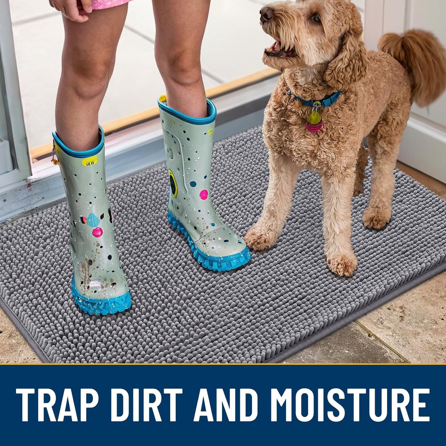 Smiry Dog Door Mat for Muddy Paws 71x46, Absorbs Moisture and Dirt Doormat, Non-Slip Washable Quick Dry Chenille Front Door Mat Indoor Entrance, Entryway Carpet for Inside Floor, Grey