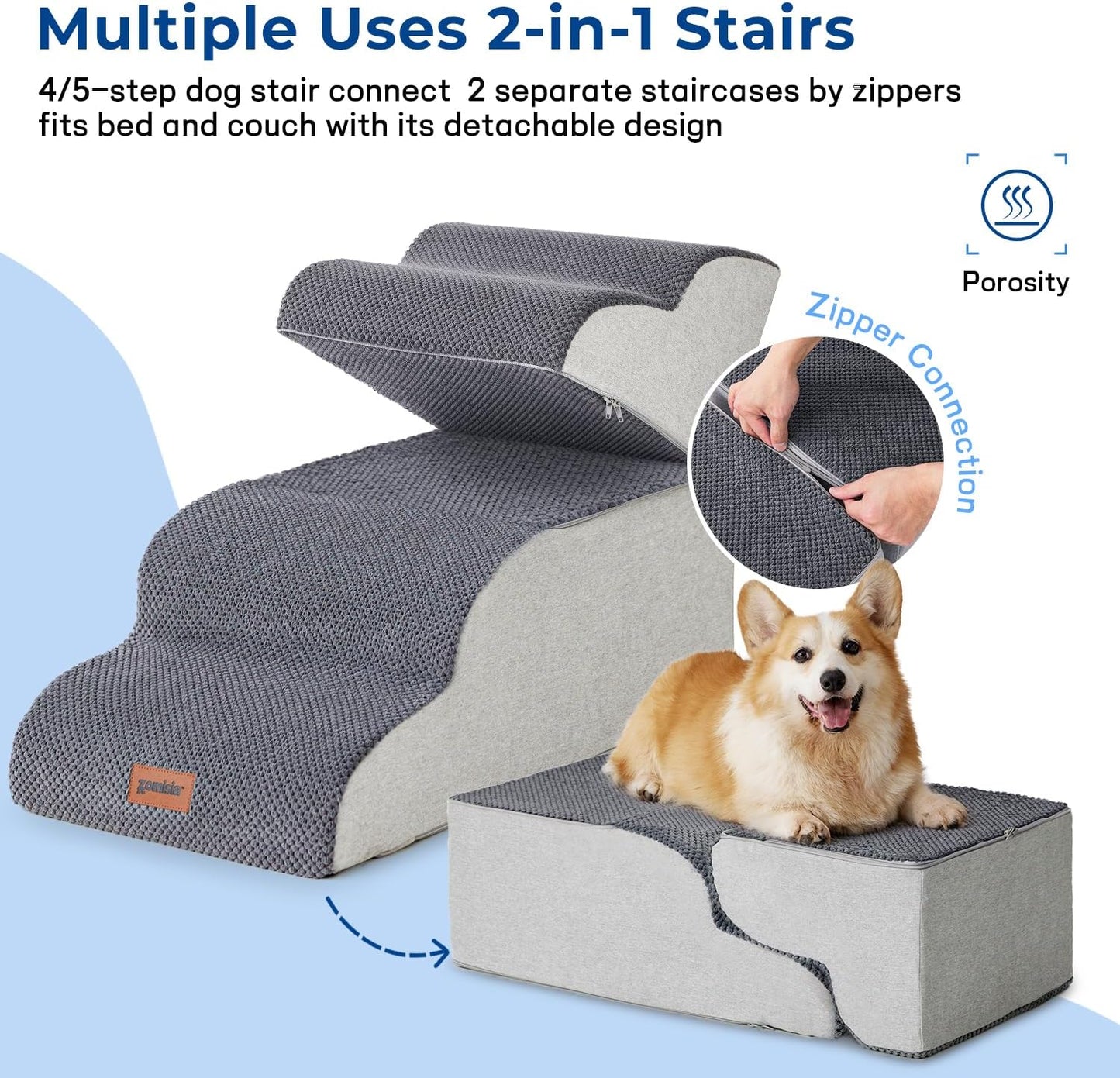 Dog Stairs for High Beds 22.8" H - Pet Stairs Ramp for Couch, 35D Foam Dog Steps for Small to Large Dogs with Non-Slip Bottom Grey, 5 Steps