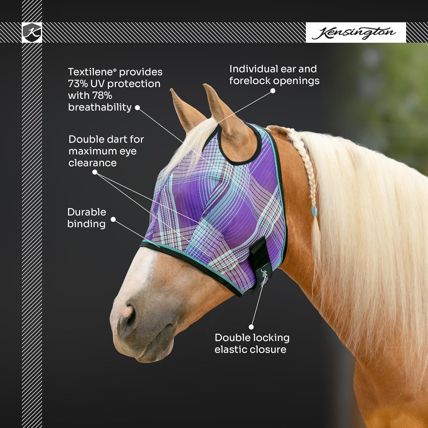 Kensington UV Horse Fly Mask with Web Trim - Protective Mask with Dual Ear Opening & Forelock Freedom - Medium, Kentucky Blue