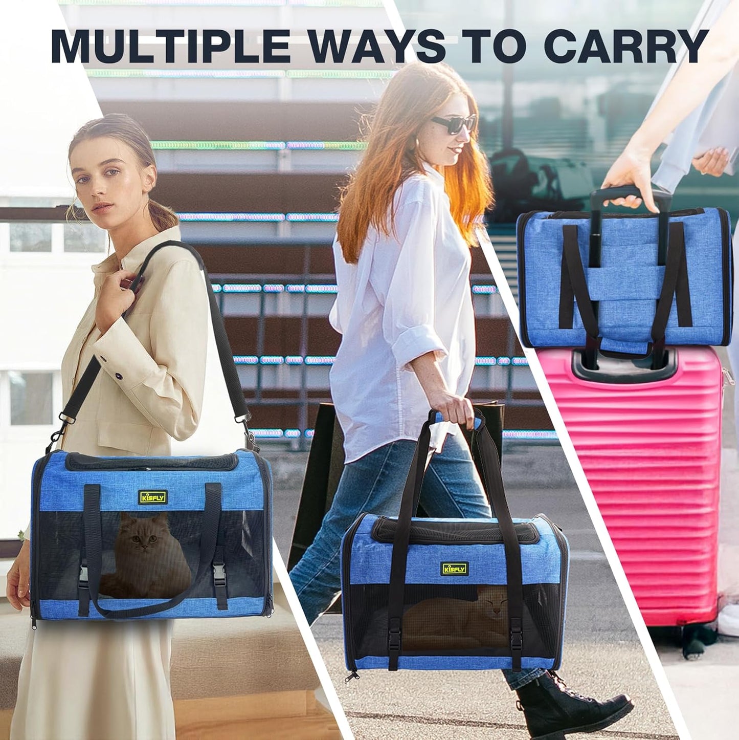 Dog Carriers for Small Dogs, Large Cat & Bunny, Foldable Soft-Sided Pet Travel Bag, up to 25lbs (20"x13"x13"), Breathable and Anti-Scratch Mesh, Perfect for Road Trips, Portable, Blue