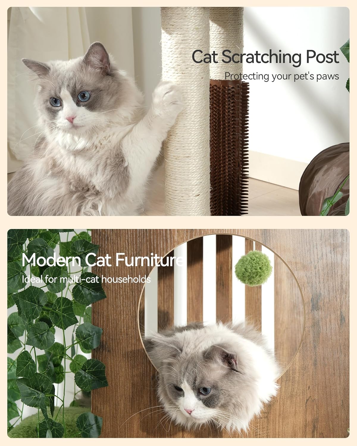 FourFurPets Large Cat Tree with Leaves, 72.8-Inch Cat Tower for Indoor Cats, Modern Cat Tree with Scratching Post, Large Perch, Tunnels, Swing Ball, Self Groomer, Greige