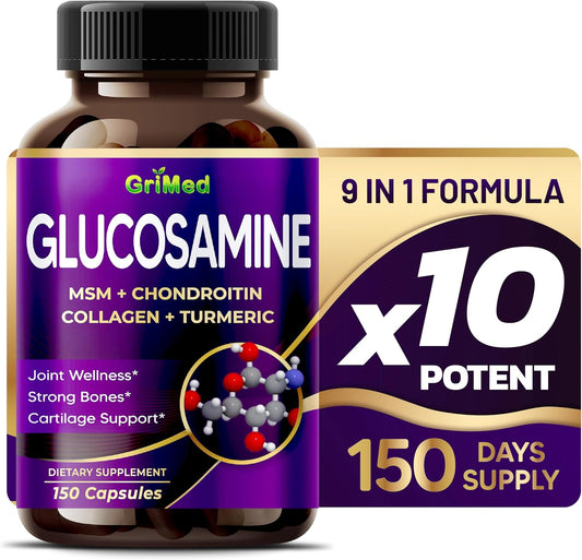GriMed Glucosamine 12,000mg - X12 Power with MSM, Chondroitin, Collagen, Turmeric for Joint Wellness, Strong Bones, Cartilage Support - USA Made & Tested