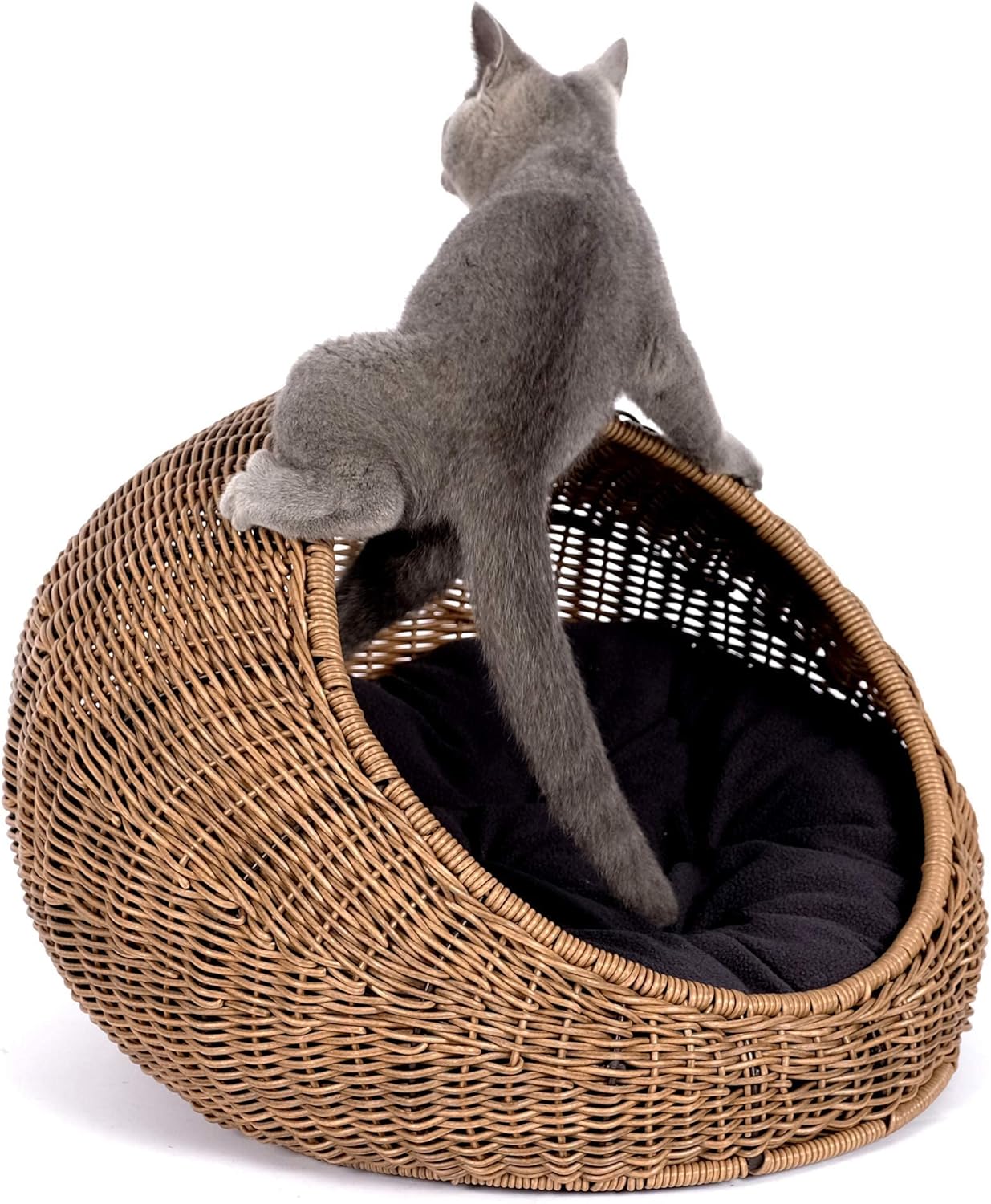 D+GARDEN Wicker Cat Bed Dome for Medium Indoor Cats - a Covered Cat Hideaway Hut of Faux Rattan Houses Pets in Dome Basket, Washable