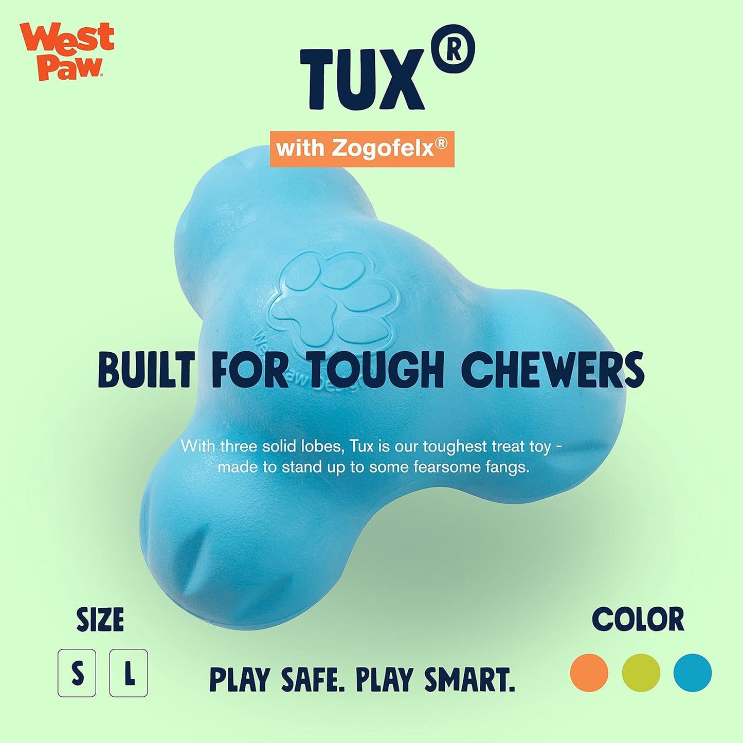 WEST PAW Zogoflex Tux Treat Dispensing Dog Chew Toy – Interactive Chewing Toy for Dogs – Dog Games for Aggressive Chewers, Fetch, Catch – Holds Kibble, Treats, Small 4", Aqua Blue