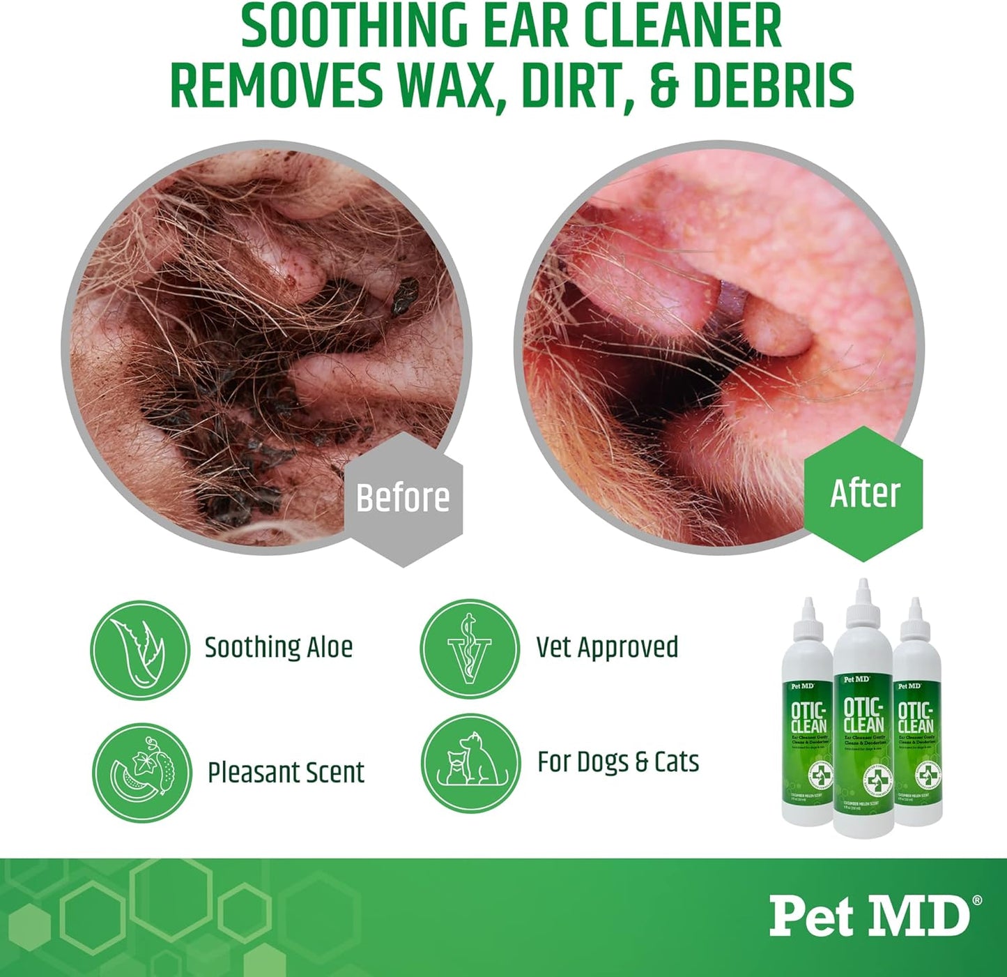 Pet MD Otic Clean Dog Ear Cleaner for Cats and Dogs - Effective Against Infections Caused by Infections, Itching and Controls Ear Odor - 8 oz (Cucumber Melon)