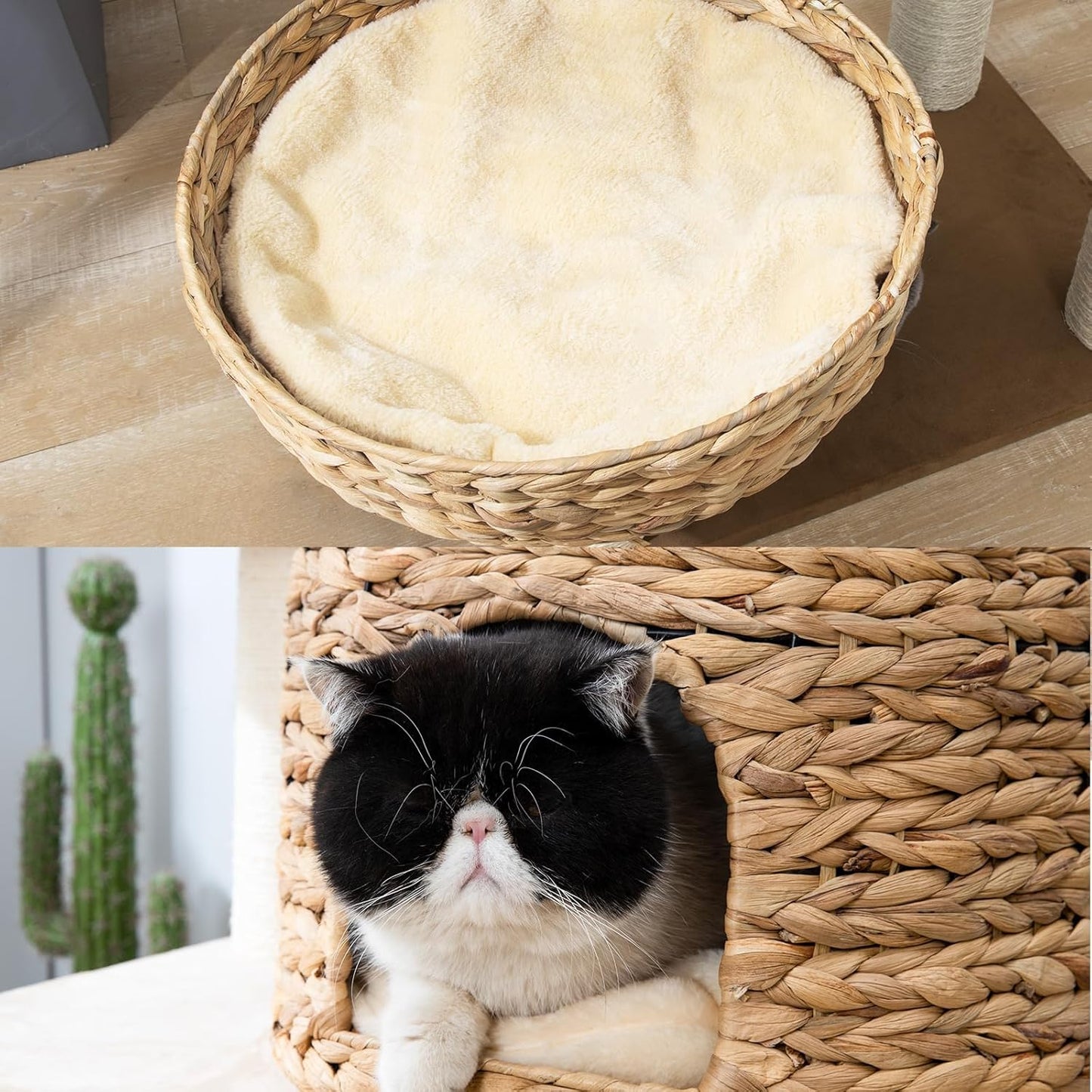 Large Wood Cat Tree Tower for Indoor Cats, Multi-Cats Scratching Post & Cat Condo with Handwoven Cat House Basket, Thick Sisal Posts, Modern Stable Cats Tower Furniture