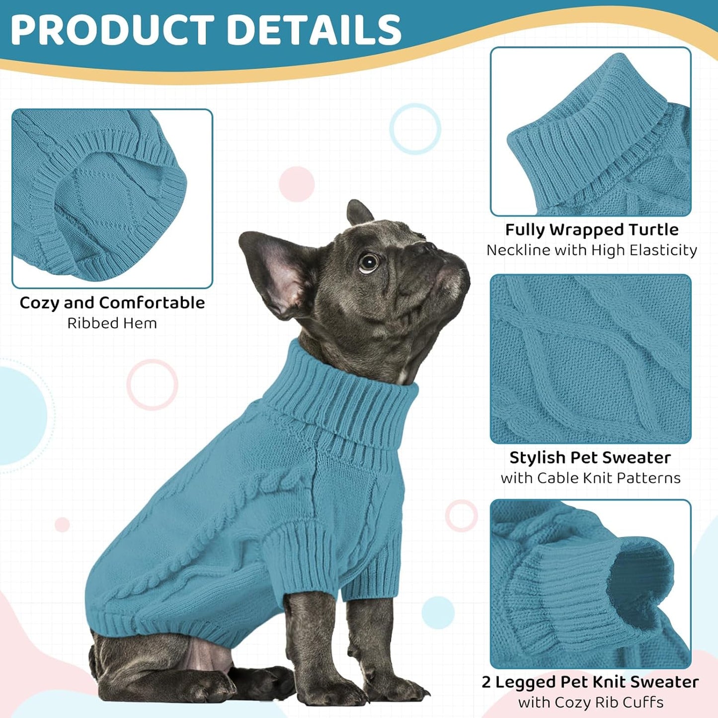 Queenmore Small Dog Pullover Sweater, Cold Weather Cable Knitwear, Classic Turtleneck Thick Warm Clothes for Chihuahua, Bulldog, Dachshund, Pug (Peacock Blue, X-Large)