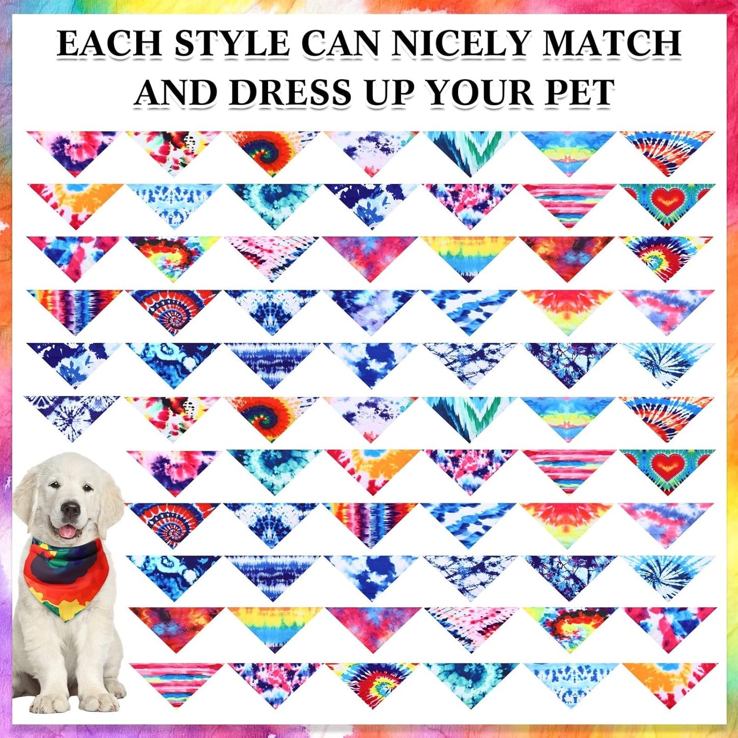 Reginary 72 Pack Tie Dye Dog Bandanas - Bulk Pet Scarf Bibs Triangle Kerchief Adjustable for Pet Grooming Costume Accessories