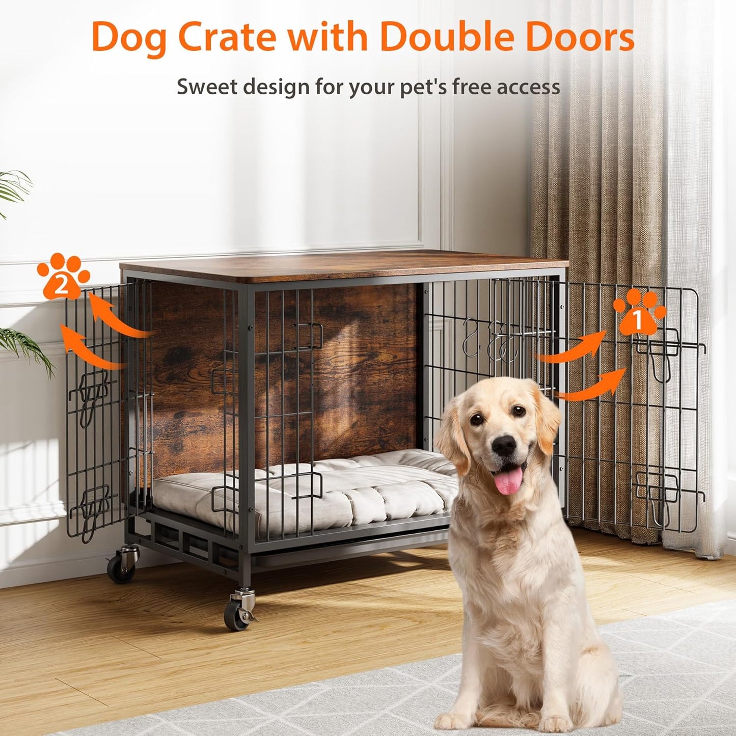Dog Crate Furniture, 27.2" Small Dog Kennel Wooden Dog Crate with Pull-Out Tray, Double Doors, Modern End Table for Small/Medium Dogs, Grey