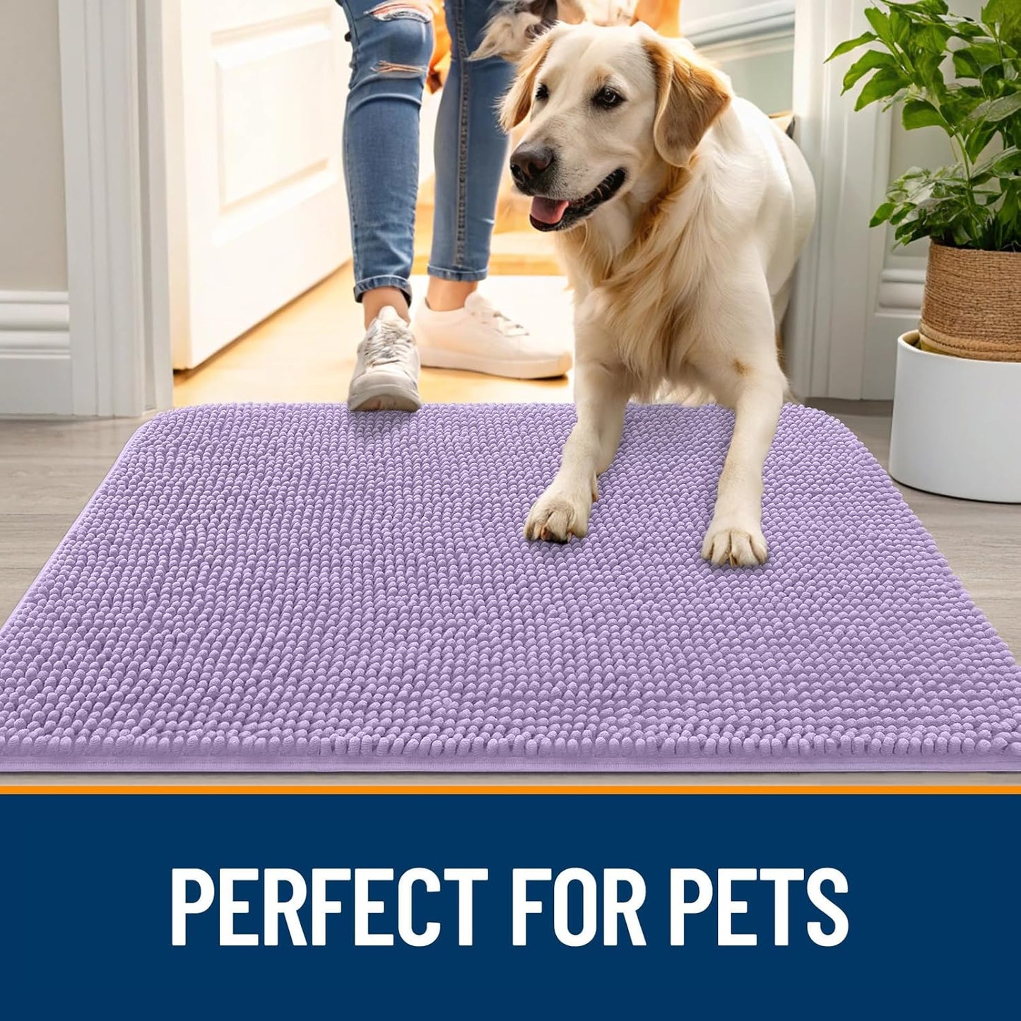 OLANLY Dog Door Mat for Muddy Paws 47x20, Absorbs Moisture and Dirt, Absorbent Non-Slip Washable Doormat, Quick Dry Chenille Mud Mat for Dogs, Entry Indoor Entryway Carpet for Inside Floor, Lavender