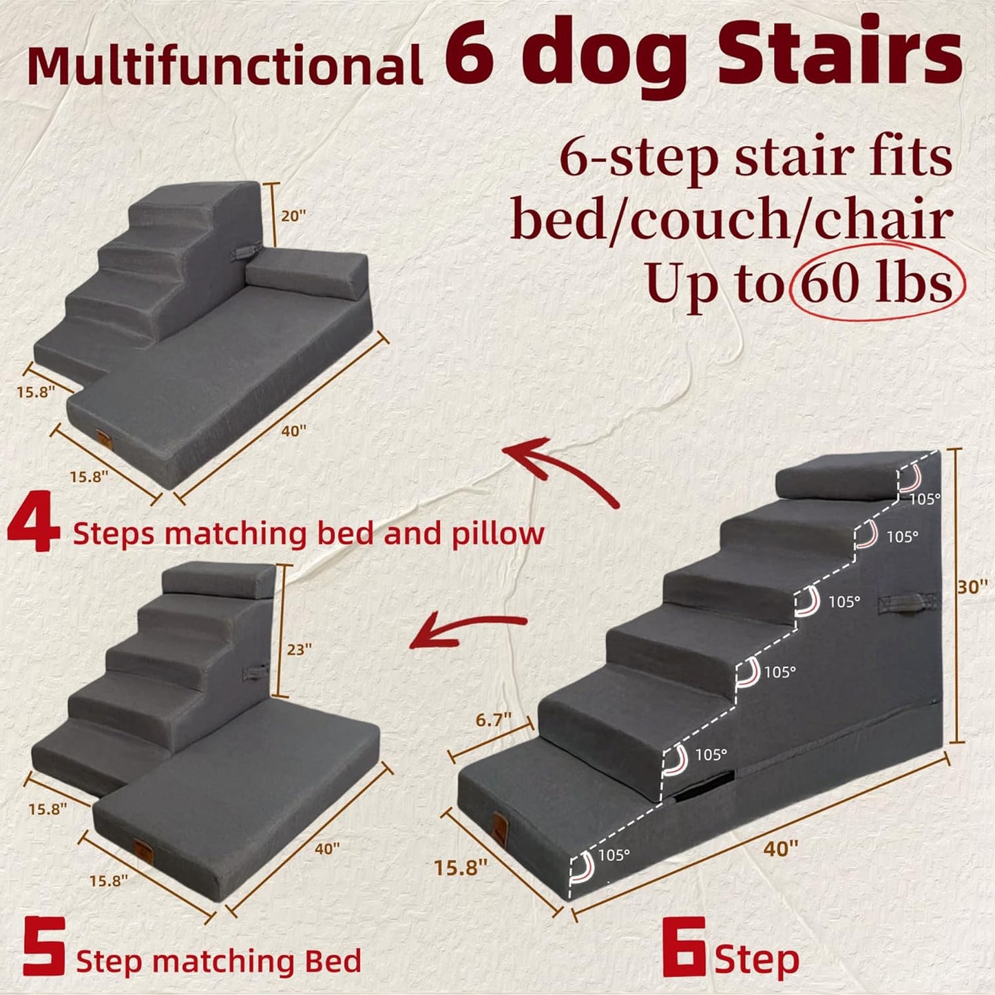 Dog Stair ramp for 30 inch high beds. 6-Step Dog Stair Ramp for 20 to 36 Inch Sofa Beds. Pet Steps for Small, Medium and Large Dogs. Non-Slip, Balanced and Portable. Multifunctional 6 Steps, Gray.
