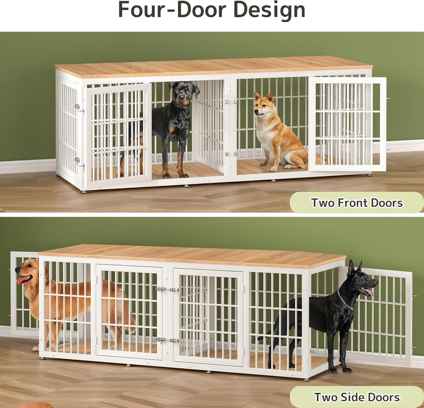 78 Inch Double Dog Crate Furniture, Heavy Duty Extra Large Cage Furniture with Divider for 2 Dogs, Decorative Wooden Kennel Furniture Indoor, Pet House for Large and Medium Dogs, White
