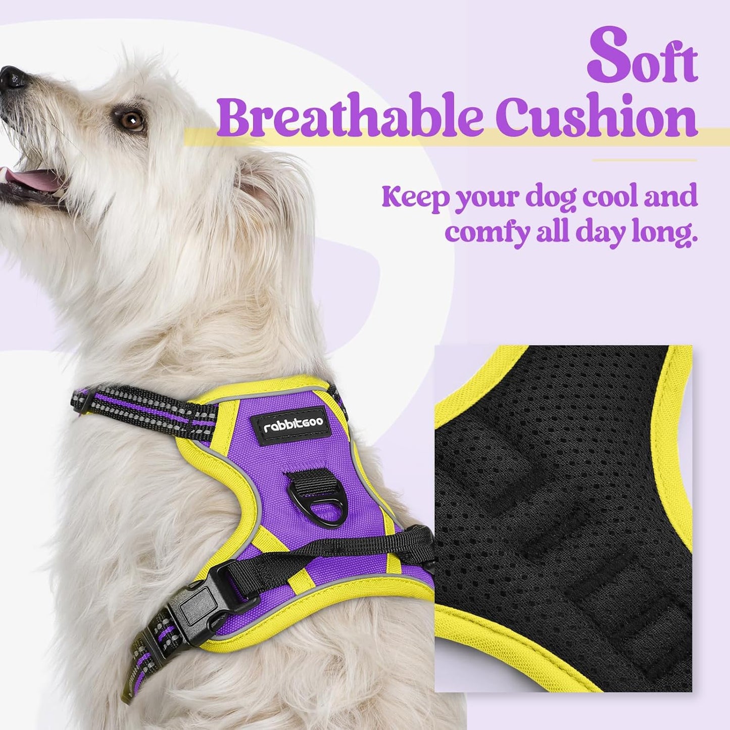 rabbitgoo Dog Harness No Pull with 2 Leash Clips, Adjustable Soft Padded, Reflective Oxford No Choke Pet Vest with Easy Control Handle for Puppy, Purple & Yellow, XS