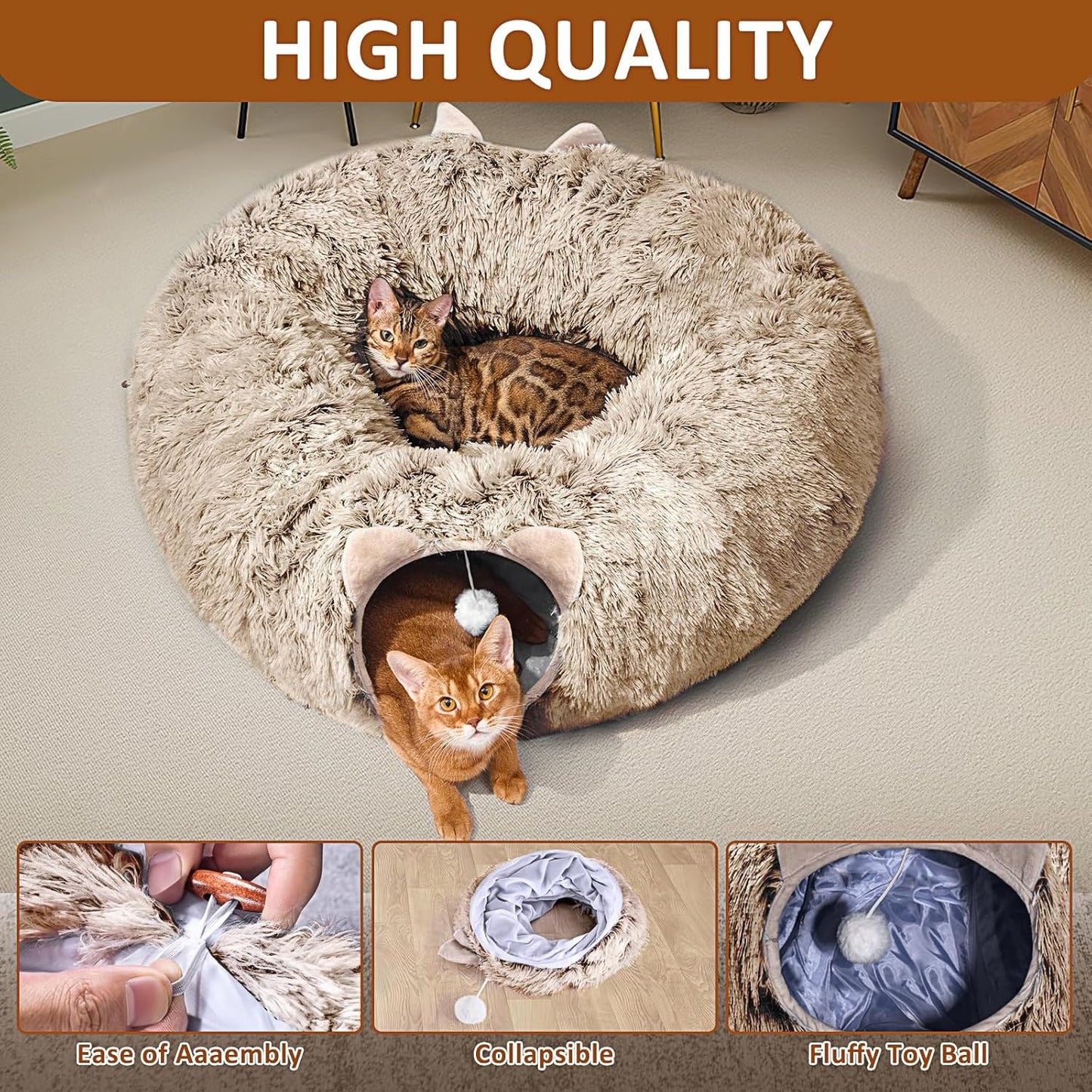Cat Tunnel with Cat Bed for Indoor Cats, Soft Plush Peekaboo Cat Cave Donut Tunnel, Multifunctional Playground Toys Hideplace for Small Medium Large Kittens, Rabbit, Ferret, Brown