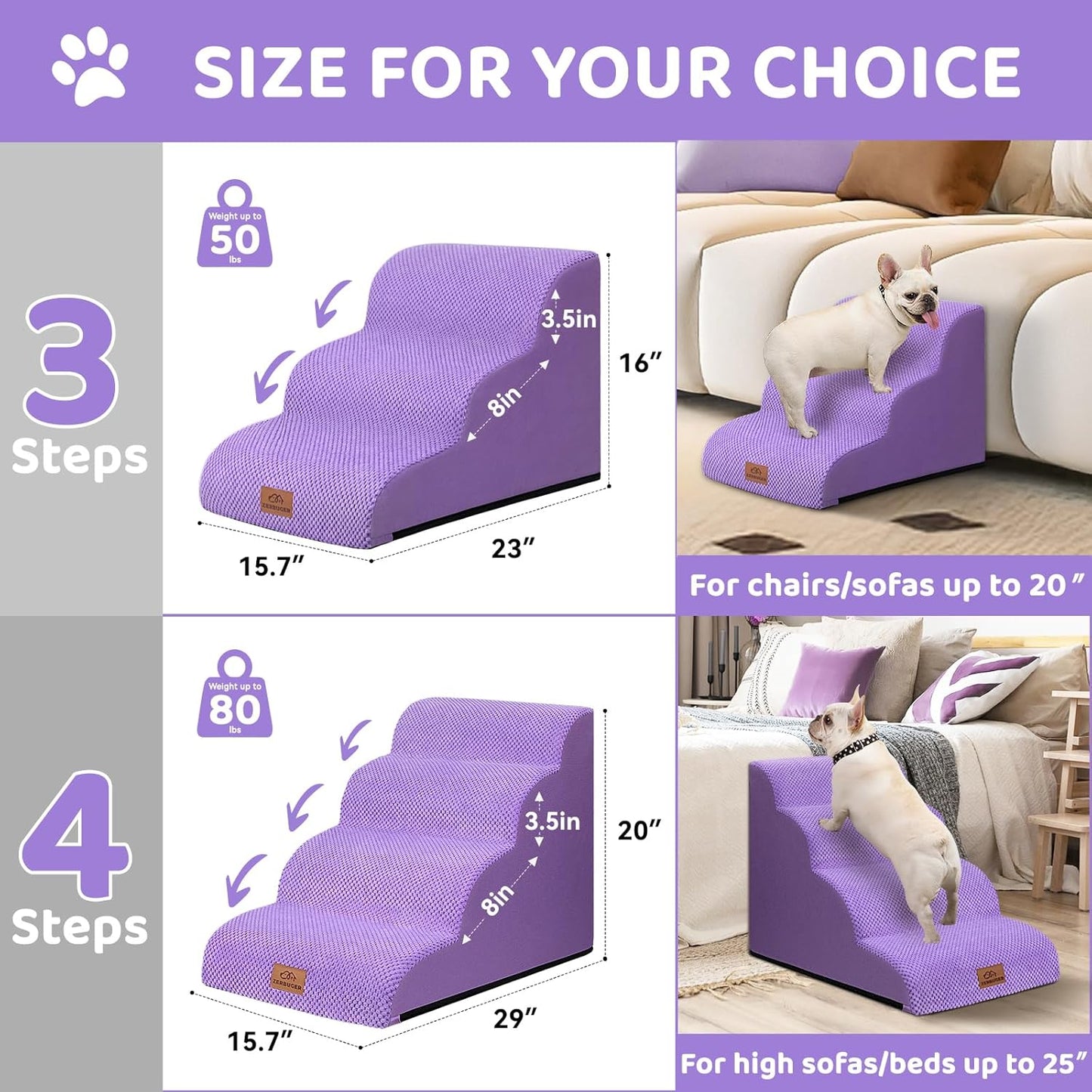 Dog Ramp and Stair for Bed 16" H-20 H,3-Step Cat Stair for Sofa and Chair,4-Step Dog Ramp for High Bed and Window,Durable Nonslip Fabric Stair for Indoor (Purple-16 H, Pet Friendly, 3)