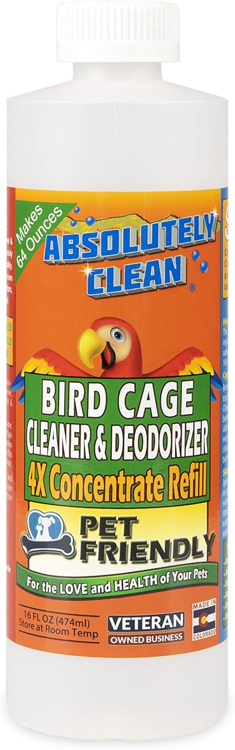 Absolutely Clean Amazing Bird Cage Cleaner and Deodorizer - Just Spray/Wipe - Safely & Easily Removes Bird Messes Quickly and Easily - USA Made - Fragrance Free (4X Concentrate - 16oz Makes 64oz)
