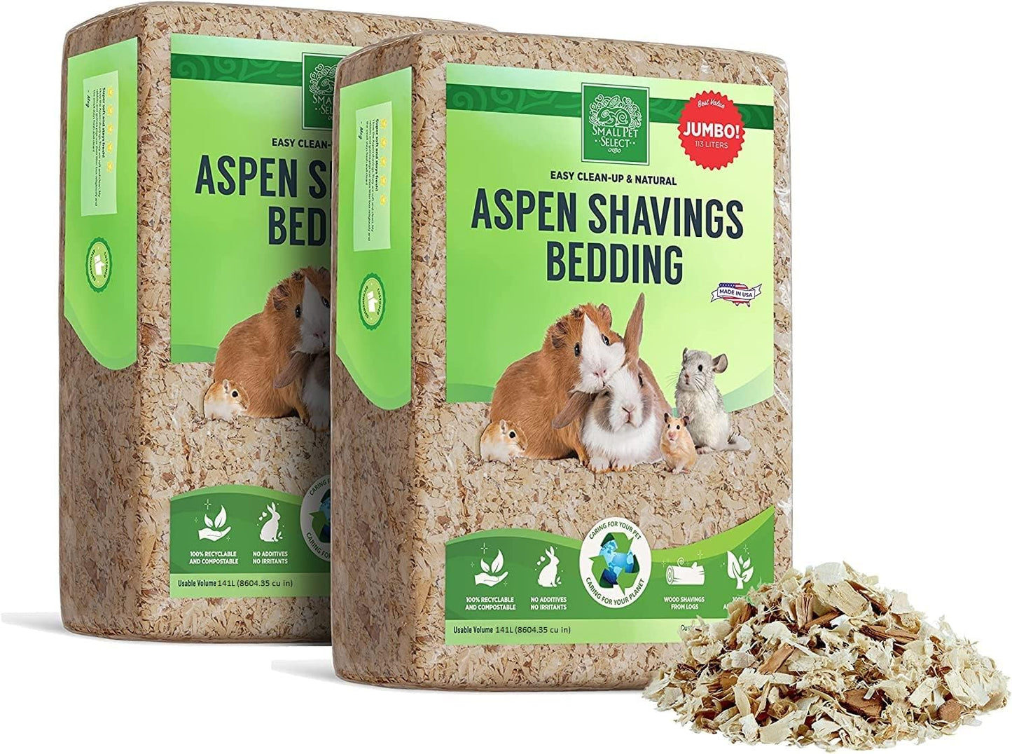 Small Pet Select Premium Natural Aspen Bedding, Animal Bedding for Small Indoor and Outdoor Pets, Made in The USA, Jumbo Size 282 L (2 Pack, 141 L Each)