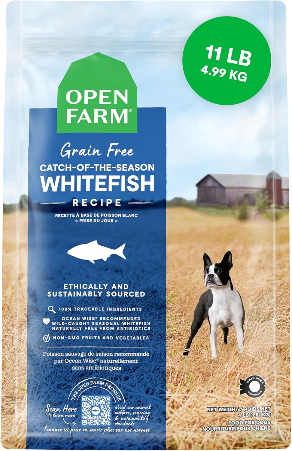 Open Farm, Grain-Free Dry Dog Food, Complete & Balanced Kibble, Sustainably & Ethically Sourced Ingredients, Non-GMO Veggies & Superfoods, Catch-of-The-Season Whitefish Recipe, 11lb Bag