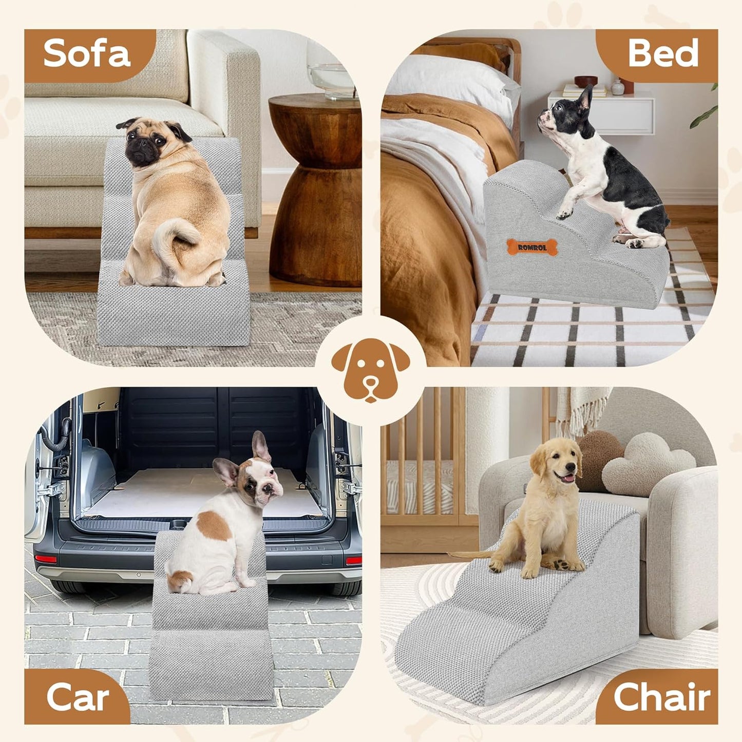 Romrol Dog Stairs Ramp for High Beds Couches, High Density Foam Pet Steps with Durable Non-Slip Waterproof Fabric Cover, Dog Stairs for Small Dogs or Cats or Pets, 3-Step,15 Inch,Light-Grey