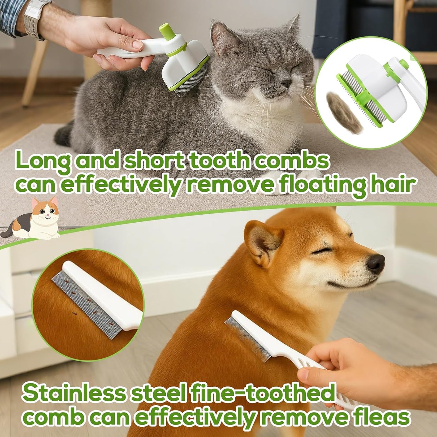 XANGNIER Rotatable Flea Comb for Cats Dogs Kittens Rabbit,Self Cleaning Pet Flea Comb Grooming Brush for Shedding and Detangling,Fine Tooth Tick Lice Comb for Short & Long Pet Hair Removal Tool,2 Pcs