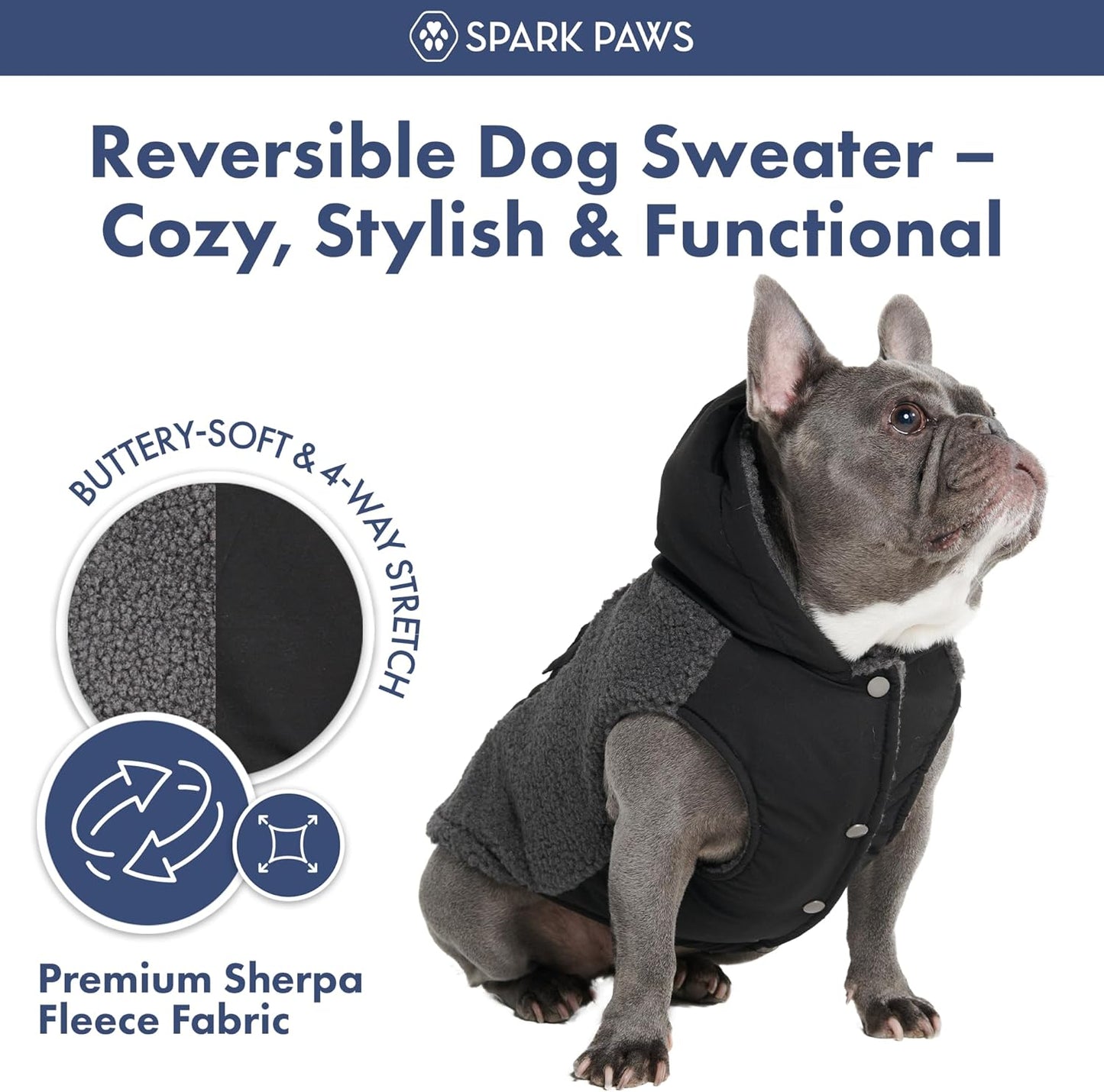 Spark Paws Reversible Dog Sweater, Sherpa Jacket Vest with Warm Fleece Lining, Warm Coat for Winter, Suitable for Small Medium, Large, XL XXL Dogs - Black and Grey - S