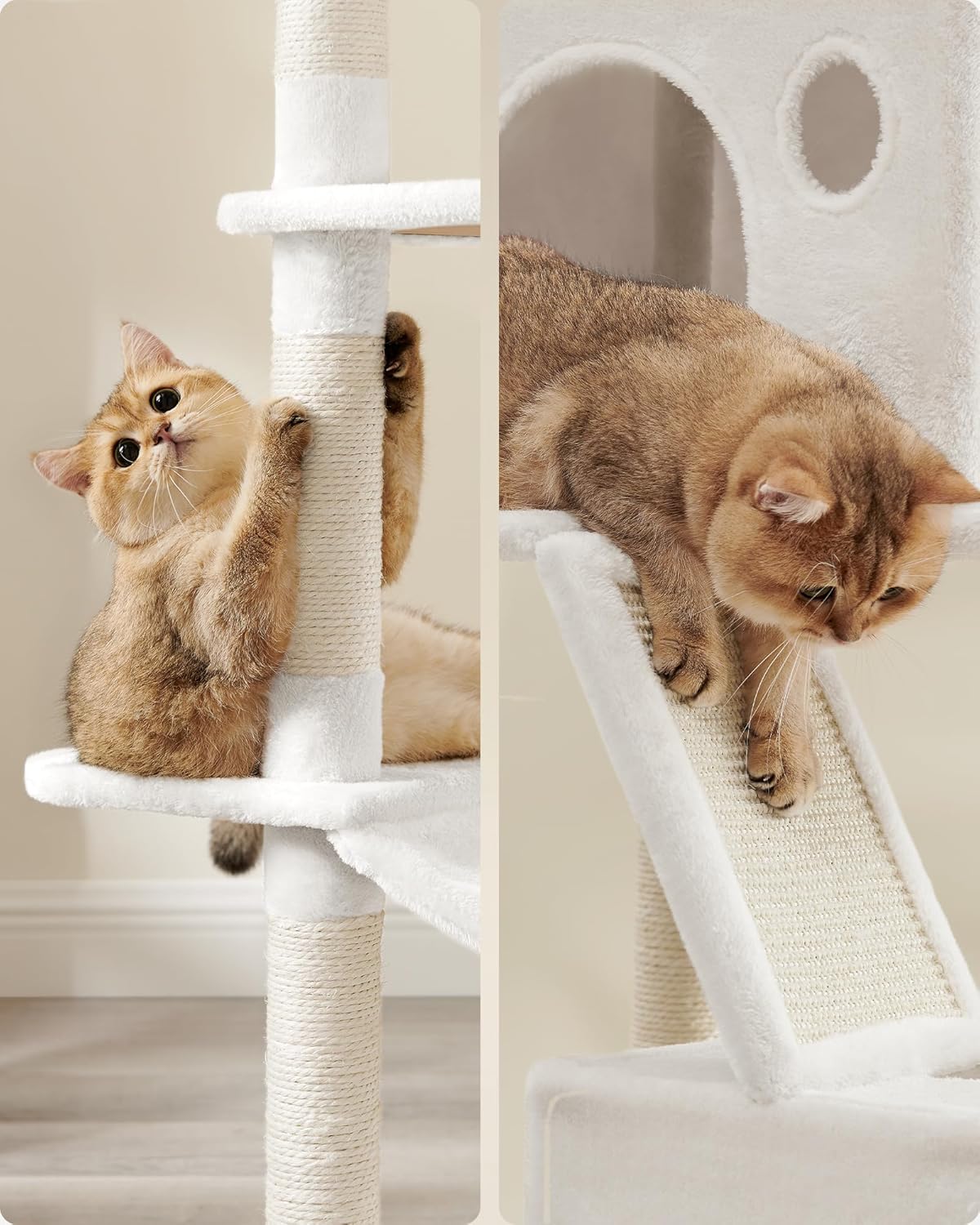 Feandrea Cat Tree, 81.1-Inch Large Cat Tower with 13 Scratching Posts, 2 Perches, 2 Caves, Basket, Hammock, Pompoms, Multi-Level Plush Cat Condo for Indoor Cats, Cream White UPCT190T01