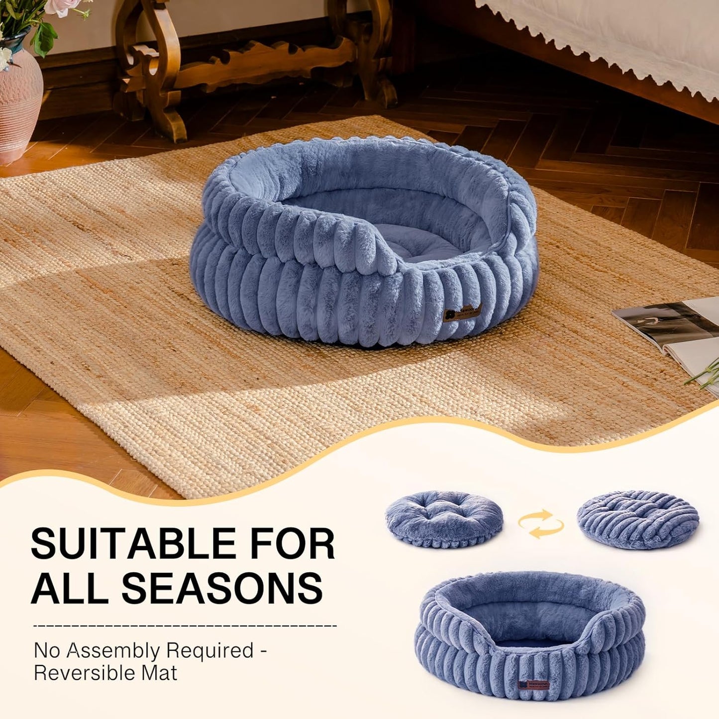 MEWOOFUN Washable Small Dog Bed, Cat Beds for Indoor Cats with Anti-Slip Bottom, Round Pet Bed for Puppy and Kitten (Blue, 24"x24"x9")