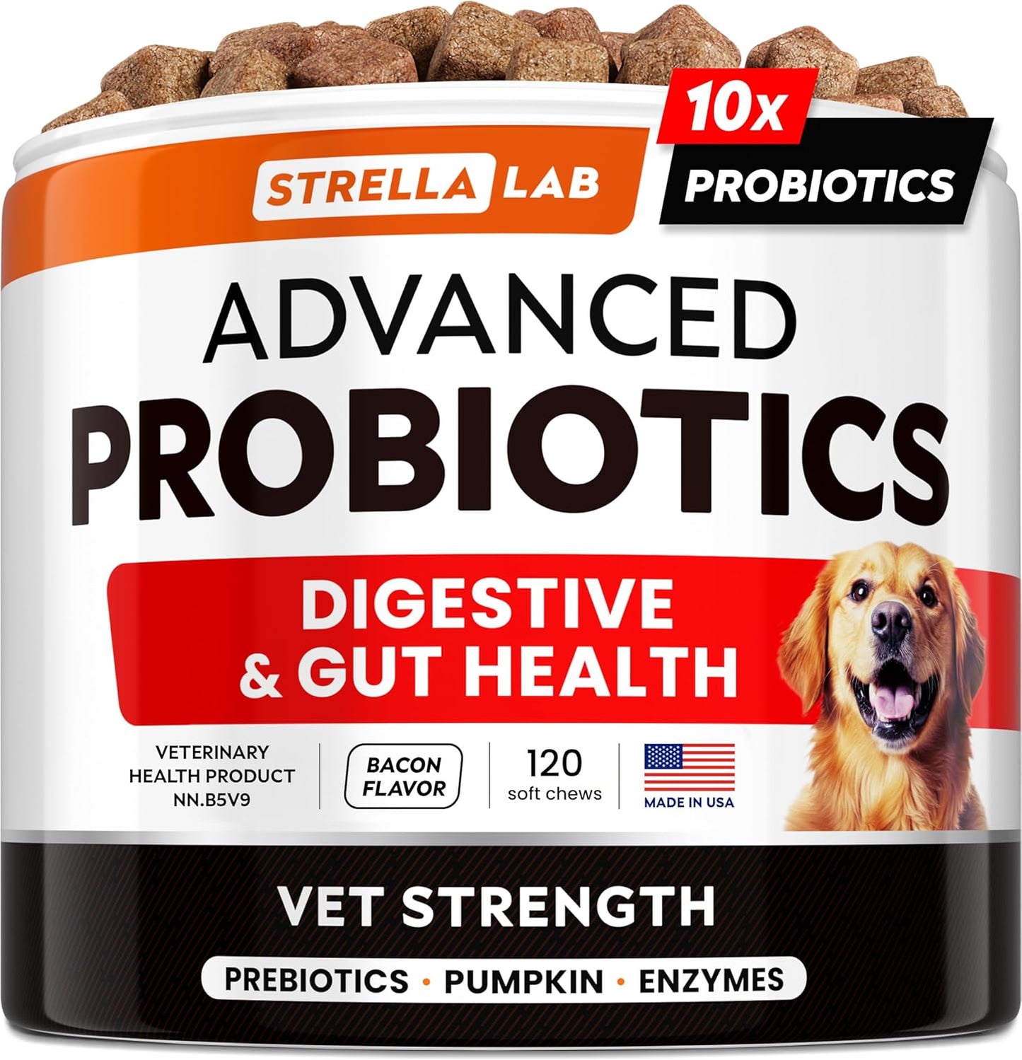 STRELLALAB Vet Strength Dog Probiotics Treats - 1 Billion CFU + Digestive Enzymes + Prebiotics - Chewable Fiber Supplement w/Pumpkin - Allergy, Diarrhea, Gas, Constipation, Upset Stomach Relief